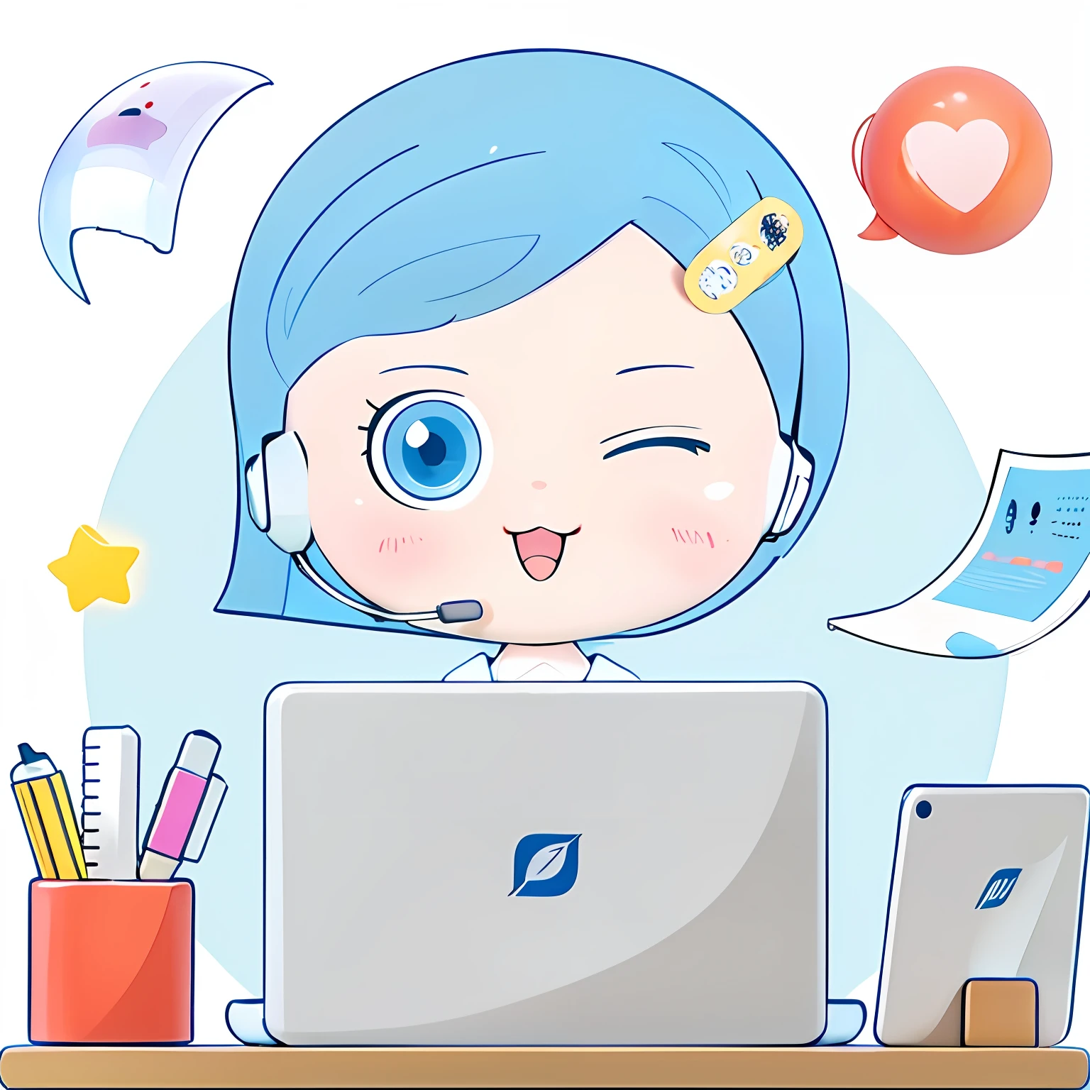 A girl, cute squinting smile, cute cartoon girl sitting at desk with headphones, interacting with laptop, blue eyes, blue hair, short hair, no headdress, white doctor white coat clothes, (beautiful detail eyes), (beautiful detail face), (Clean background: 1.1), bright, background, Disney style, fine gloss, fantastic, cute, pop martin LP, high detail, super high quality, bright colors, model blind box toy, 3d rendering, OC rendering, c4d, best quality, 8k, bright, front light, face shot, fine light, super detox, (all bodies: 1.3) --auto --s2