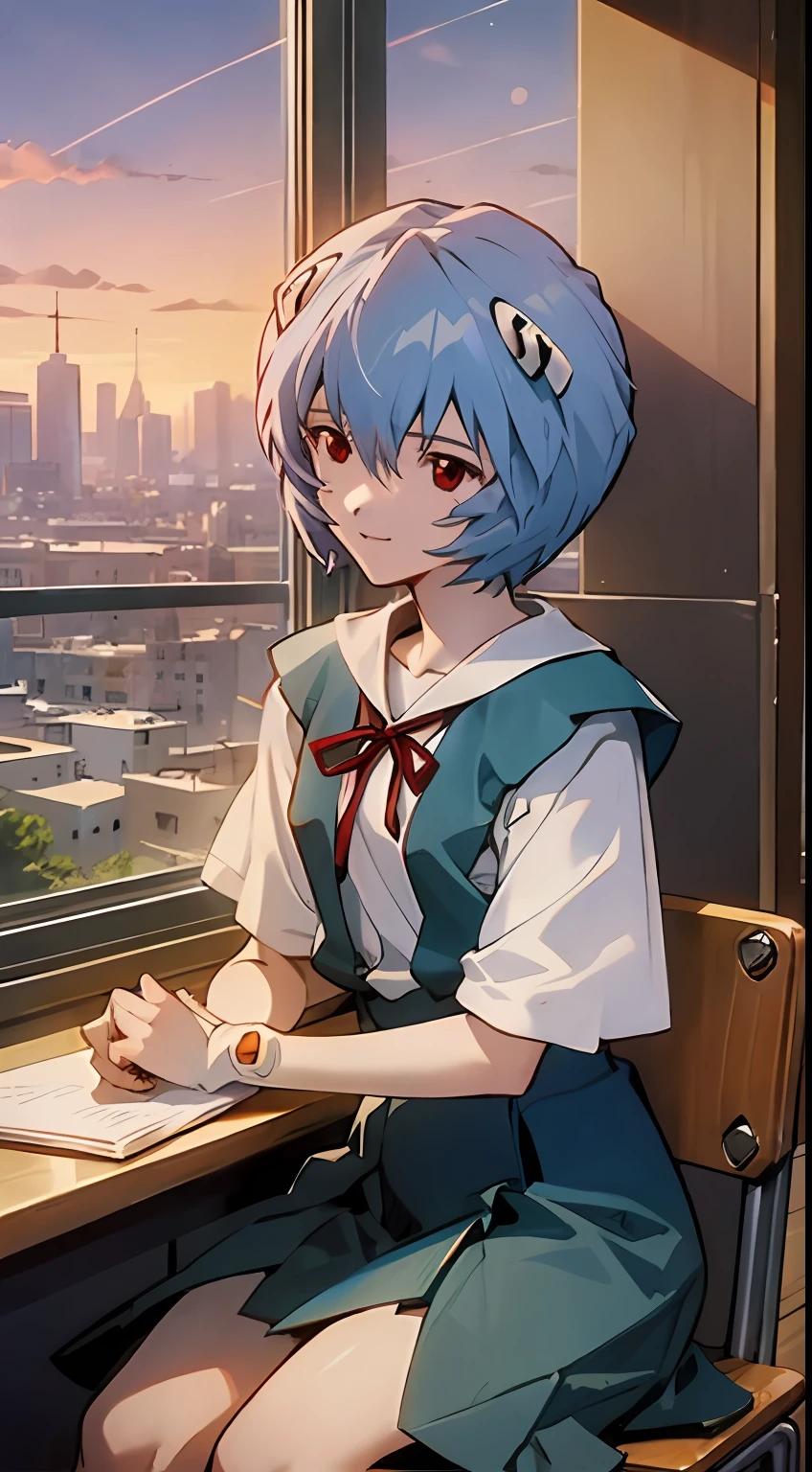 1 girl, Ayanami, Evangelion, 8K, best quality, school uniform, classroom, gentle smile, sitting in chair, looking out the window, dusk light, more details