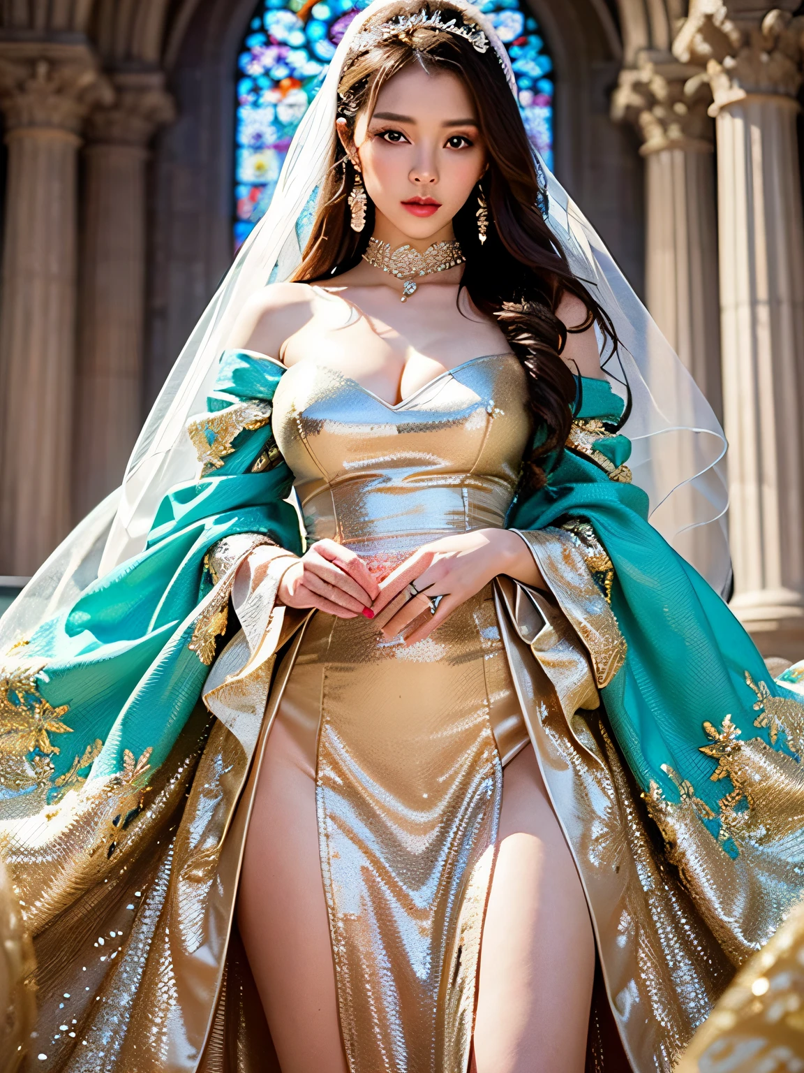 ((Full shot)), (((Full body)))), ((The hem of the dress is long and dragging))), highest quality, ultra high resolution, (photorealistic: 1.4), cinema light, depth of field, beautiful face, (PureErosFace_V1: 0.8), |1 girl, Fan Bingbing, woman in a blue dress and gold jewelry, (((The hem of the dress is long and dragging)), Fanbin fashion, big, white cape, intricate design, cathedral background, extra long wavy brown hair, RAW, beautiful woman, (detailed face), (detailed facial features), (fine detailed skin), pale skin, (masterpiece), perfect proportions, realistic photo, ((full shot)), ((full body))), (body portrait), ((with bouquet)), ((wearing a veil)), the hem of the dress is long,
