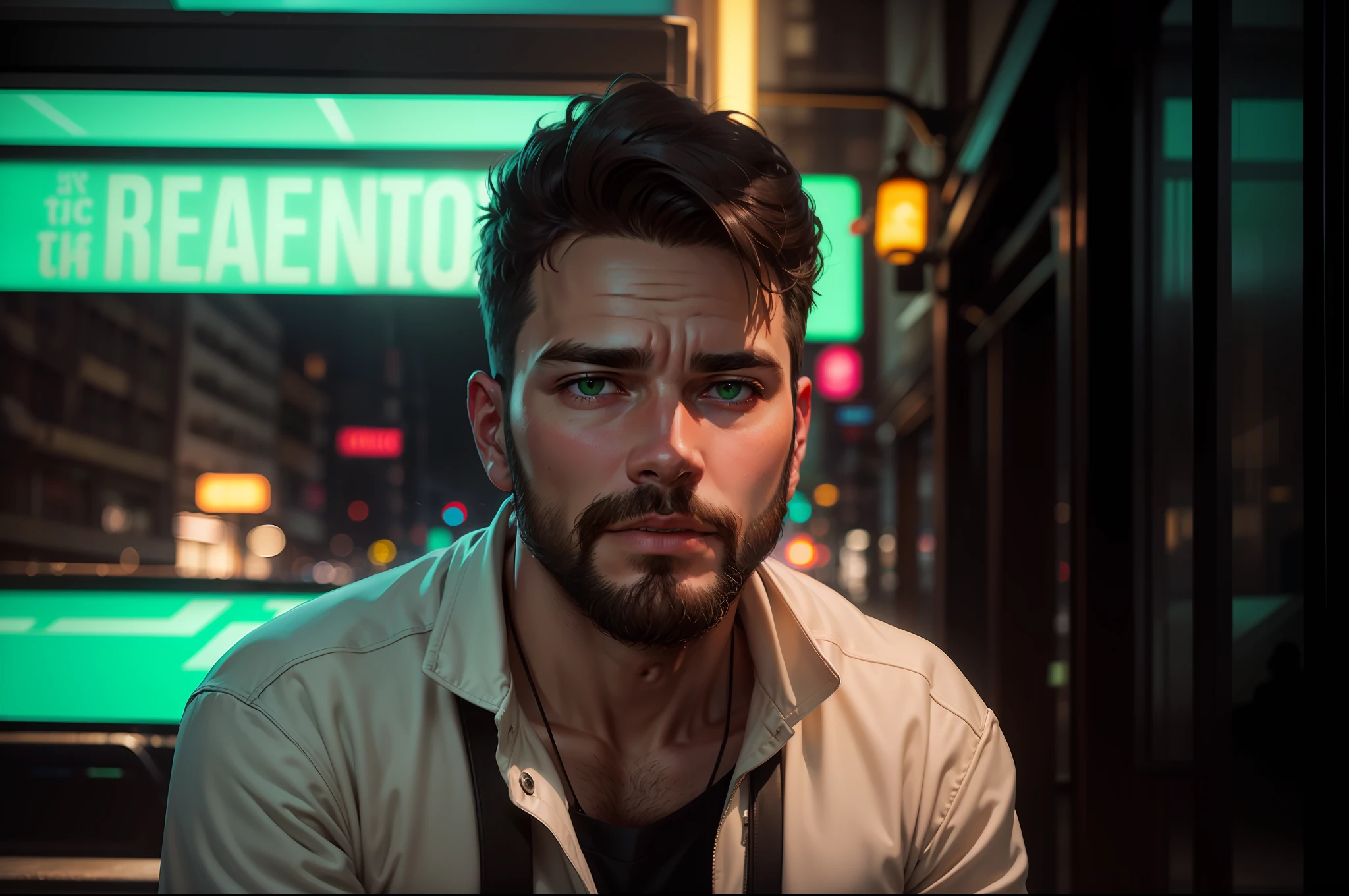 Adult man with beard and dark brown hair, dark brown eyes, black sweatshirt with green details, in a city with green neon lights.