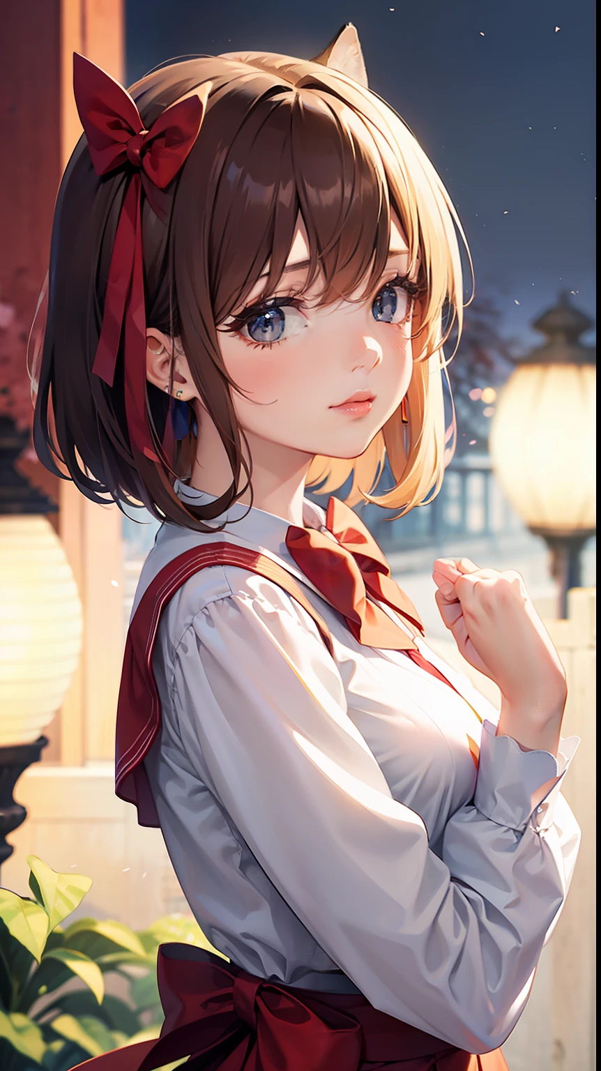 1girl, black shirt, black sleeves, school uniform, sailor uniform, serafuku, red neckerchief, sailor collar, collarbone, black hair, short hair, grey eyes, closed mouth, fox ears, fox girl, animal ears, animal ear fluff, exceptional, best aesthetic, new, newest, best quality, masterpiece, extremely detailed, anime, waifu:1.2), city, village, houses, power lines, street, 
BREAK, 
jewelry, solo, short hair, black hair, necklace, blurry, shirt, earrings, cherry blossoms, lips, looking at viewer, outdoors, hat, branch, dappled sunlight, flower, watermark, sunlight, black eyes,
open clothes, detached sleeves, medium breasts,
masterpiece, best quality,