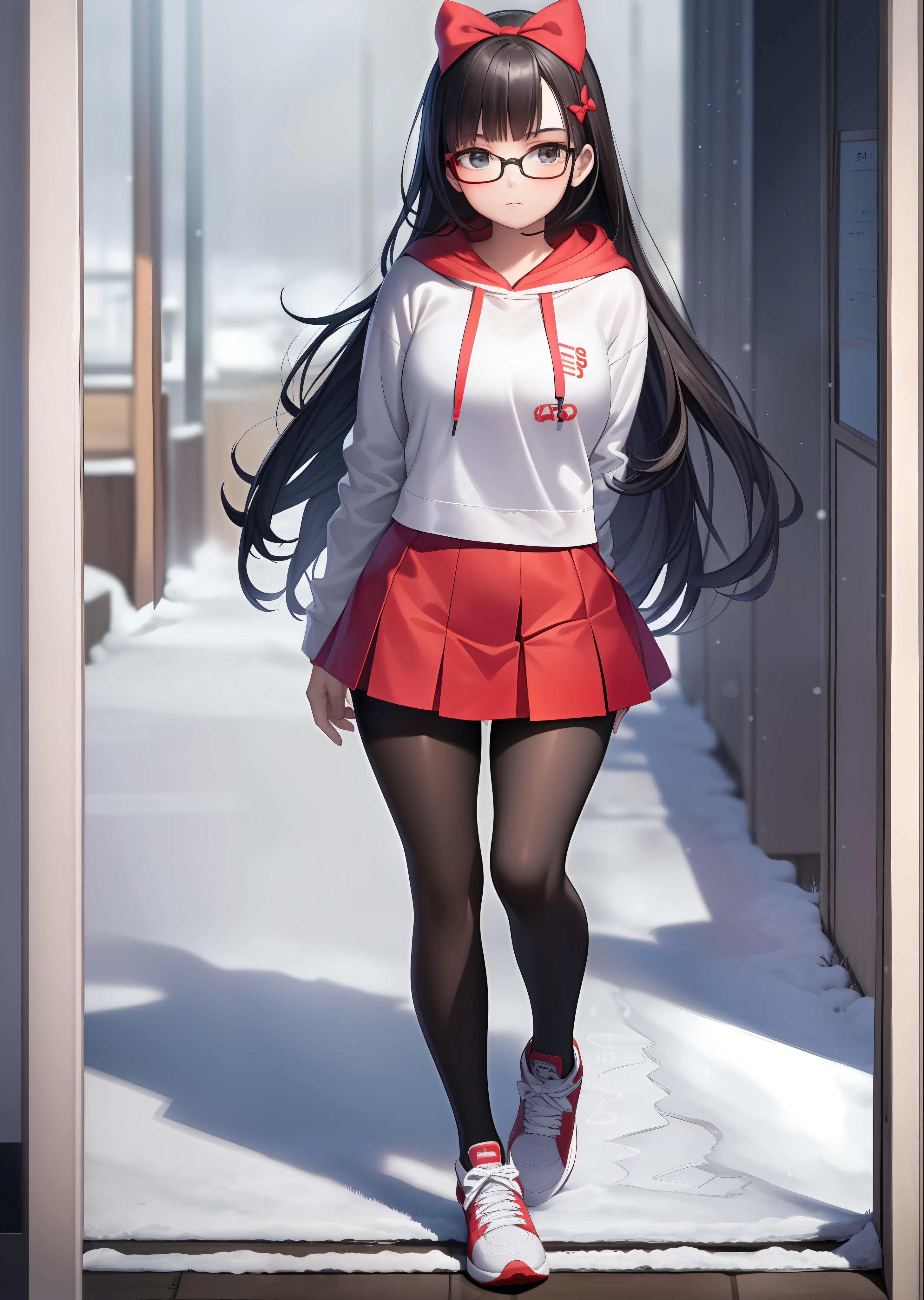 Beautiful girl, red face, bow hair accessories, hoodie, squint, long hair, black hair, facing the viewer, pantyhose, stockings, sneakers, best picture quality, master work, super high resolution, exquisite facial features, student, gradient eye, new glasses, black and white board writing, reflection, ice and snow landscape