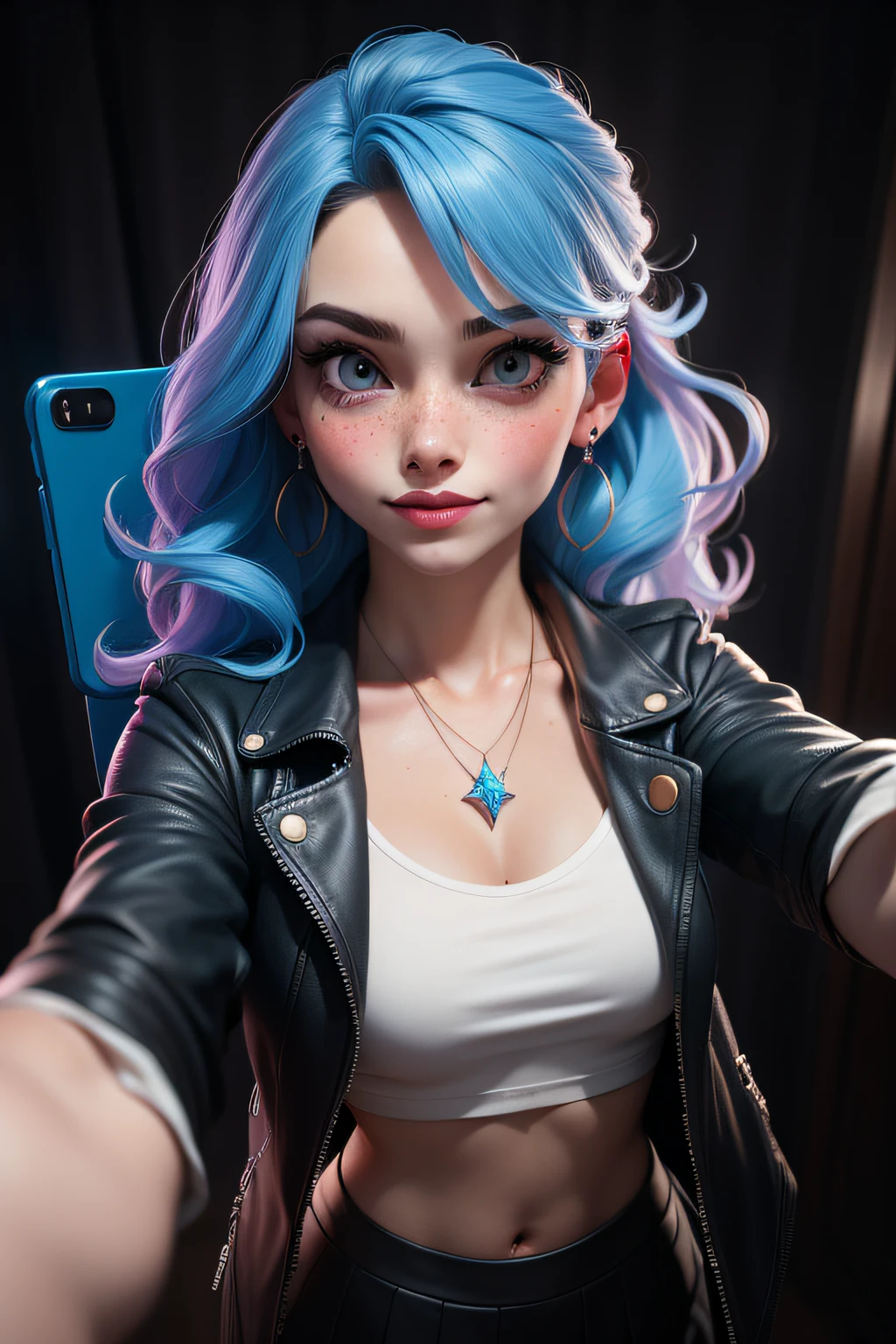 masterpiece, best quality,3d rending work ,3DMM style,close-up, ultra-detailed photography of a 1nerdy girl with goth and neon color. Model shoot style, photo ((selfie:1.8)) of a girl, 3D,1girl, solo, light blue hair, Bejeweled, realistic, simple background, bangs, looking away, nails, light purple hair color, makeup, long hair split edges ((blue hair)), voluminous hair, Light blue hair flutteringht in the wind, full body, perfect and well designed eyes, girlfriend, beautiful, wide smile, happy, white teeth, tulle, blush, shyness, collarbone, abdominals, double weave, beautiful and delicate face, fair skin, real skin, (face detail), vibe ((beautiful and aesthetic)), IT girl style, stylish, earrings, freckles. More details. very long curly hair, green eyes, techwwear leather jacket, cyberpunk style fashion, cybernetic body parts, wear sungglass, skirt, wearing blue sunglasse, a shirt in inside jacket, cyberpunk\(series\ clothes color, , neon light cirle around girl, aerith gainsborough, skinny and thin model, shallow depth of field, broad light, high contrast, backlighting, accessories, necklace, melancholy lighting, quiet, calm, masterpiece, best quality, 1girl, (JinxLol:1.2), (ultra photorealistic:1.3), (masterpiece:1.4).
