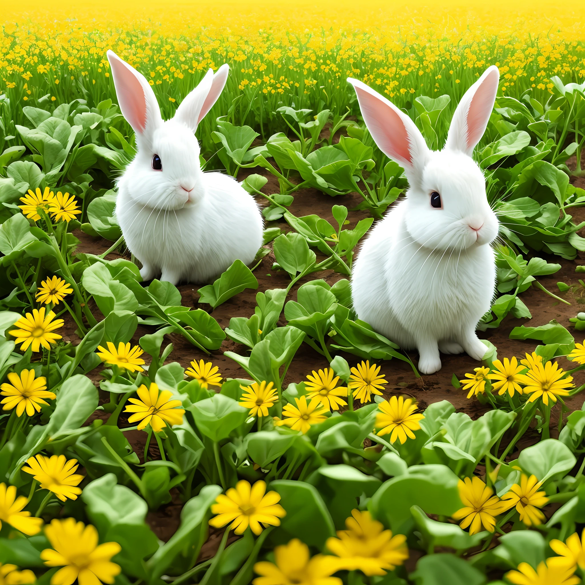 Cute little rabbit pulling radishes in a golden field