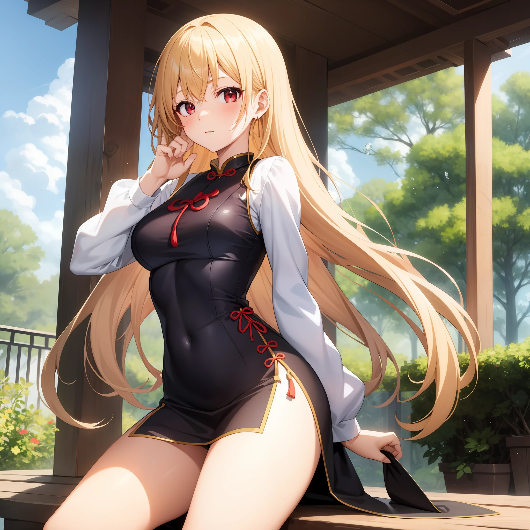 anime, girl single, blonde, red eyes, solo, cheongsam