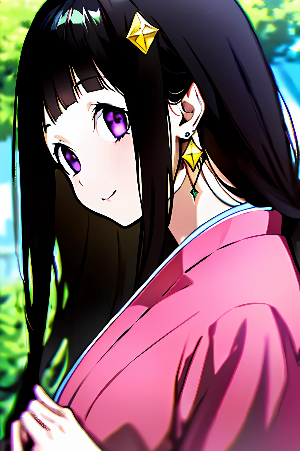 masterpiece, best quality, BREAK, 1(1girl), best quality, 4k, outdoor, park, sunny, chitanda_eru, ((hime_cut, straightbangs)), mery(yangmalgage) , looking_at_camera, looking_at_viewer, running, kimono, brunette, timid smile, deep eyes, sensual, (((purple eyes, round_eyes, big_eyes))), dark hair, straight fringe, park background, dynamic, slender, highly detailed, normal breasts, medium straight hair, perfect drawing, best quality, masterpiece, ultra-detailed, balanced composition, fashion illustration, female anime protagonist, detailed facial features, aesthetically pleasing, featured on pixivgirl, solo, (diamond necklace:1.2), (diamond earrings:1.3), (diamond hair ornaments:1.2), (a shining diamond in hand:1.3)