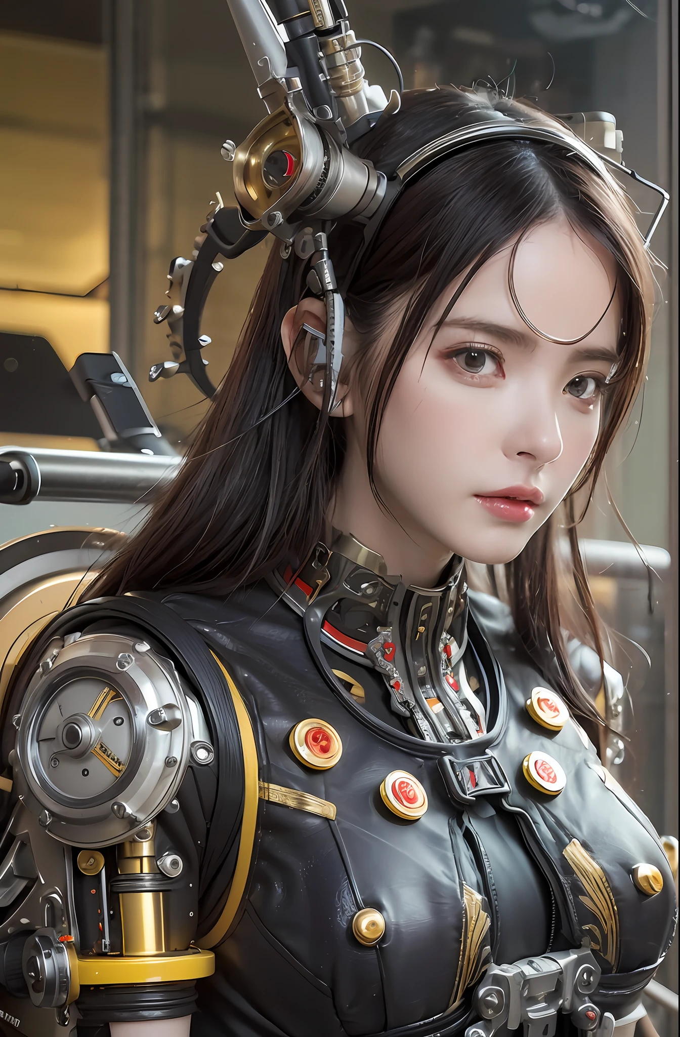 Top Quality, Masterpiece, Ultra High Resolution, (Photorealistic: 1.4), Raw Photo, 1 Girl, Black Hair, Glossy Skin, 1 Mechanical Girl, (Ultra Realistic Details)), Portrait, Global Illumination, Shadows, Octane Rendering, 8K, Ultra Sharp, Big, Cleavage Exposed Raw Skin, Metal, Detail of Intricate Ornaments, steampunk details, Matsumoto meter, vacuum tube, nixie suga, oil pressure gauge, glass tube, analog meter, gears, gears, golden hydraulic cylinder, very intricate detail, realistic light, CGSoation trend, purple eyes, glowing eyes, facing the camera, neon details, mechanical limbs, blood vessels connected to tubes, mechanical vertebrae attached to the back, mechanical cervical to attach to the neck, sitting, wires and cables connecting to the head, Gundam, small LED lamps,