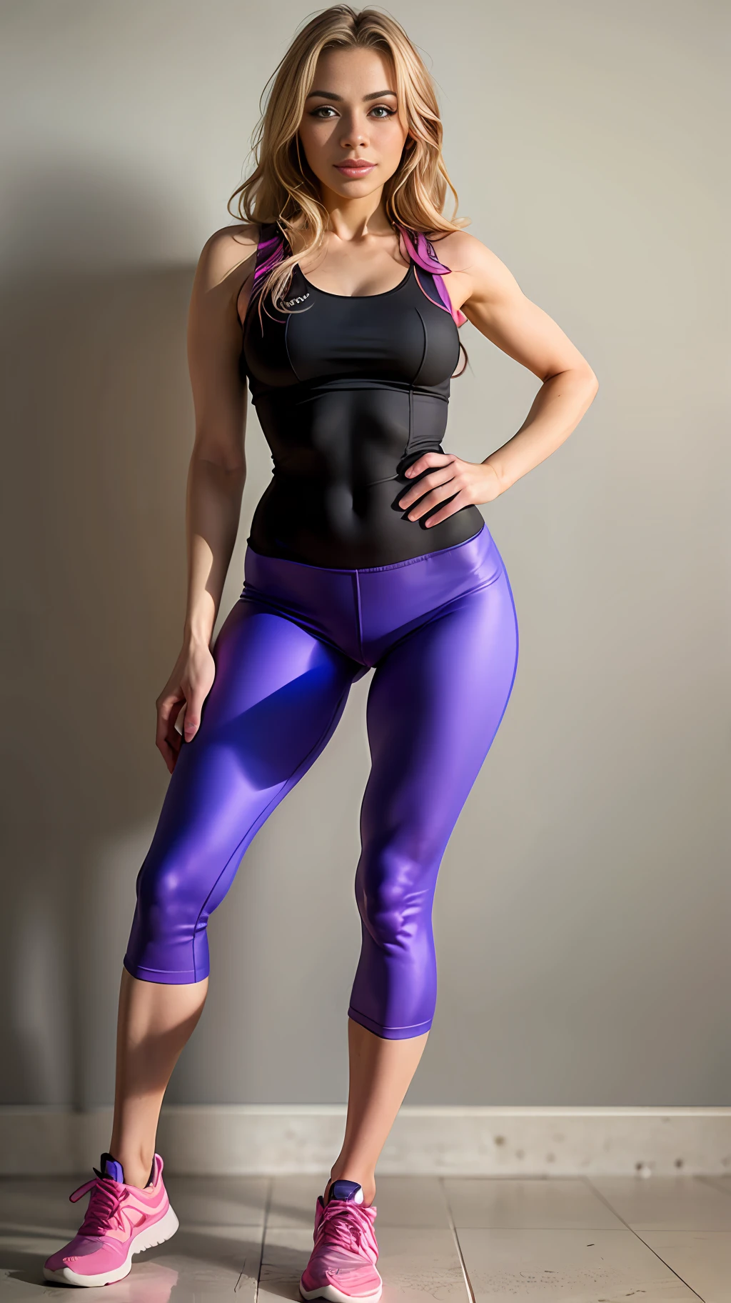 full body shot of (woman Stretching in a tank top, yoga pants, and running shoes. small smiling), (detailed realistic face), (((hyperdetailed))), zoomed out, symmetrical face, detailed pupil, expressive eyes, Casey Baugh, Michael Garmash, Sophie Anderson, hasui kawase, makeup, real photography, modern look, Real photography (Realistic:1.5)