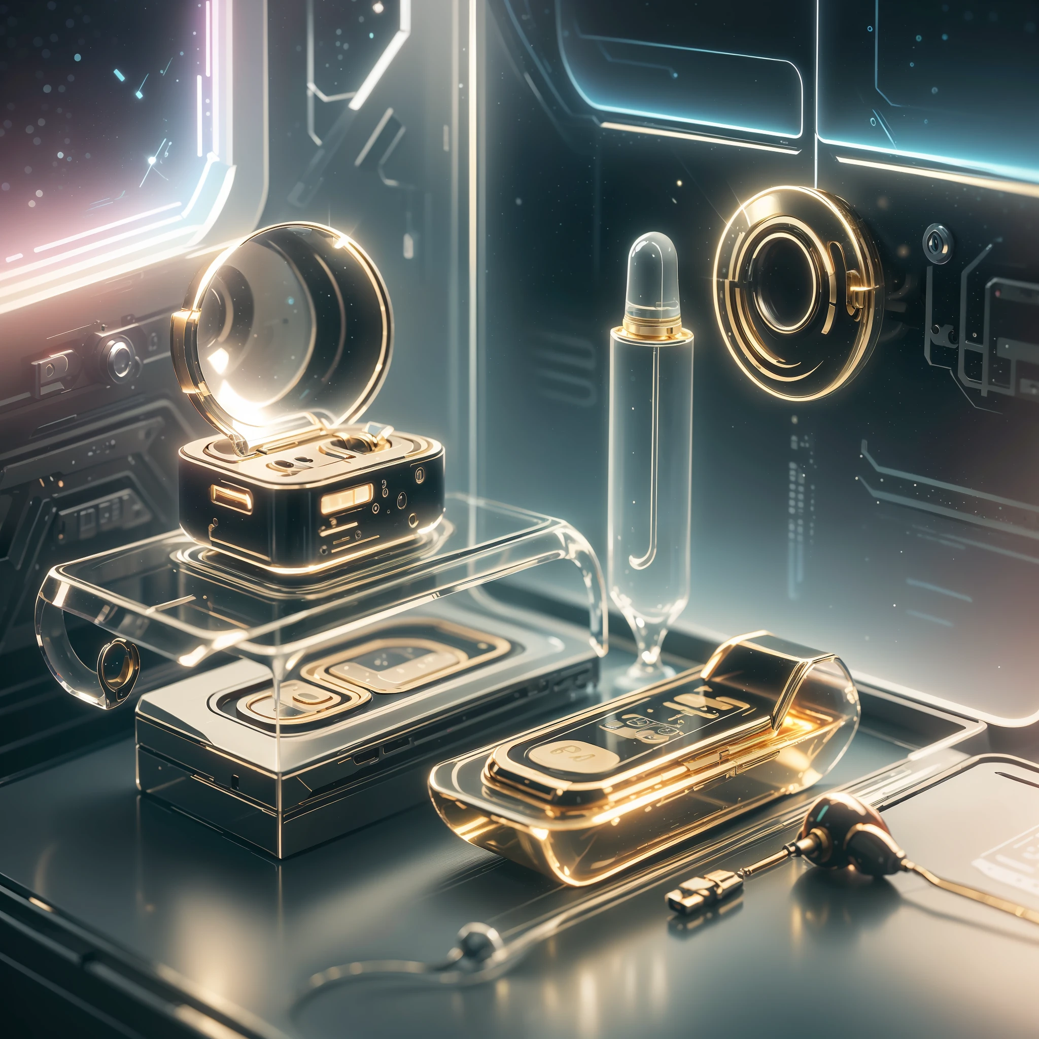 transparent gold and glass tampon ,two gold hearing aid, two gold nose plug, and earplug, only on table transparent ,gold hearing aid and gold nose plug, and earplug, lies only on cyberpunk desk, small devices scan these things in te futuristic room on the SpaceCraft.