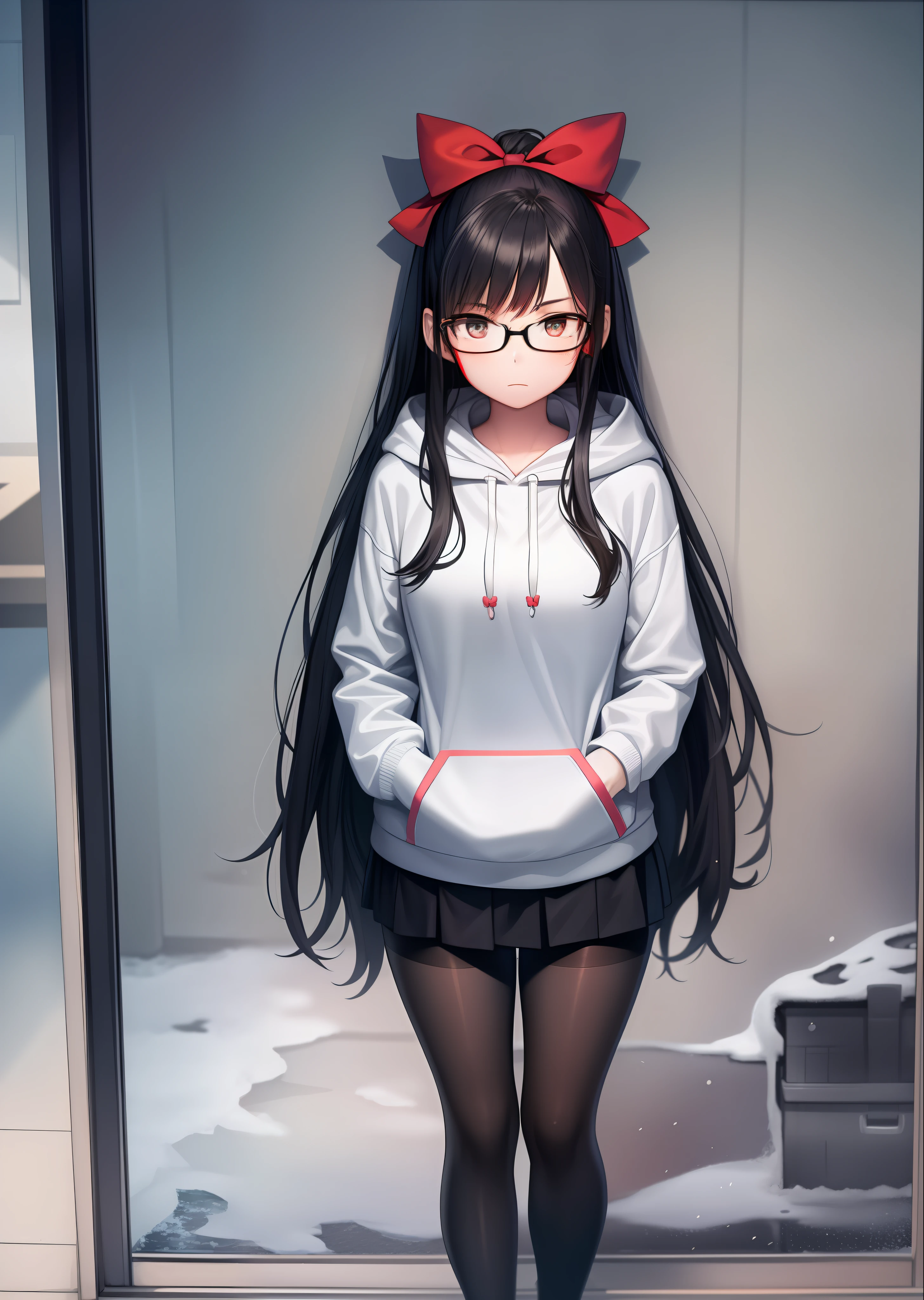 Beautiful girl, red face, bow hair accessories, hoodie, squint, long hair, black hair, facing the viewer, pantyhose, stockings, sneakers, best picture quality, master work, super high resolution, exquisite facial features, student, gradient eye, new glasses, black and white board writing, reflection, ice and snow landscape