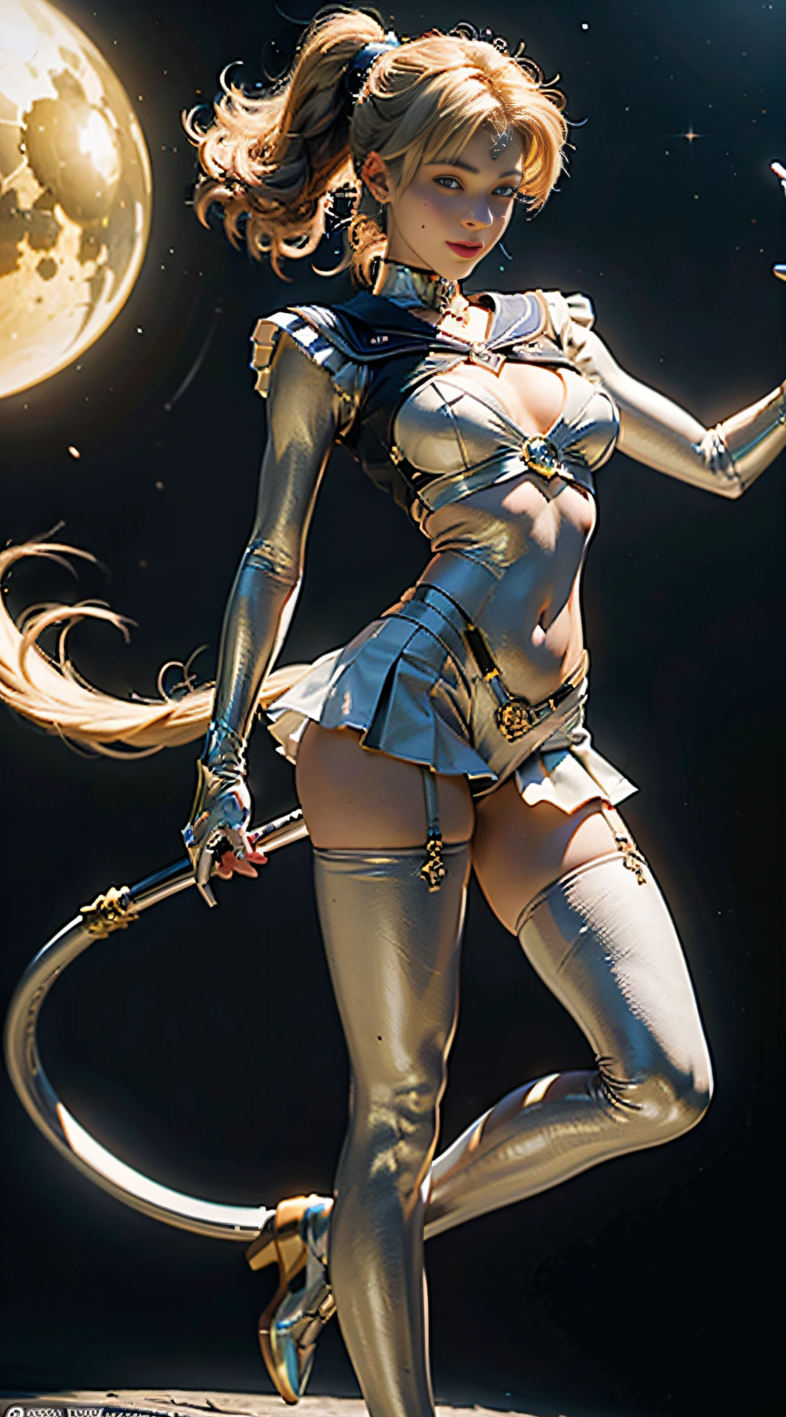 (Extreme detail CG Unity 8K wallpaper, masterpiece, highest quality), (exquisite lighting and shadow, highly dramatic picture, cinematic lens effect), (Sailor Moon: 1.1), charming smile, double tail, blue eyes, blond hair, tight top, white gloves, mini skirt, dynamic pose), the background is the universe (excellent detail, excellent lighting, wide angle), (excellent rendering, enough to stand out in its class),nsfw, perfect breasts,(clear erected nipple silhouette: 1.8),(cameltoe:1.2),dynamic pose,spread legs,(pubic hair ultra detailed clear silhouette: 1.8),(pubic hair focus:1.2),navel