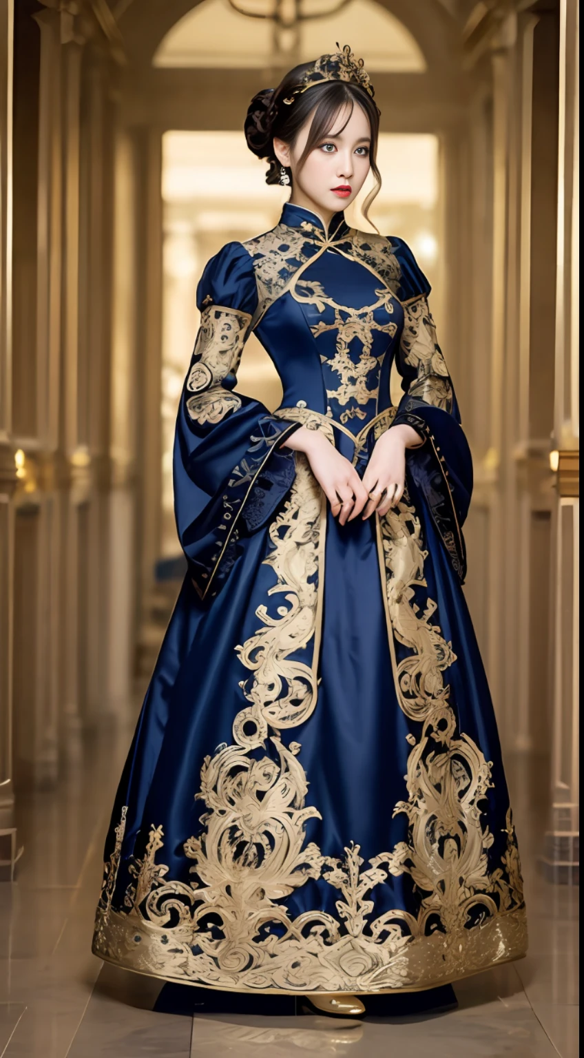 a woman in a long dress standing in a hallway, intricate victorian dress, intricate fantasy dress, baroque dress, captivating and enticing, gorgeous lady, ornate dress, cheongsam, gold brocaded dark blue clothes, wearing an ornate outfit, intricate dress, intricate detailed dress, victorian inspired clothing, ornate attire, in detailed steampunk dress, historical baroque dress