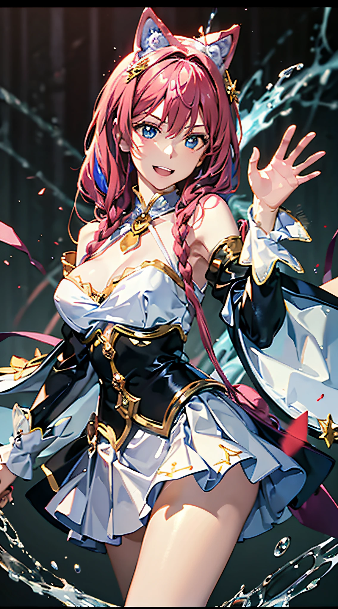 Anime style, beautiful magician, delicate face, glowing eyes, excited and happy expression, beautiful figure, super fine hand detail description, (the most accurate hand)(5 fingers: 1.5)(perfect hand), wearing colorful magician skirt, waving skirt, holding wand, ready to cast her powerful water magic spell, surrounded by plenty of water flow, surging water, magical magic background, ultra-clear painting quality, ultra-high resolution, OC rendering, complex and vivid, super noise reduction,