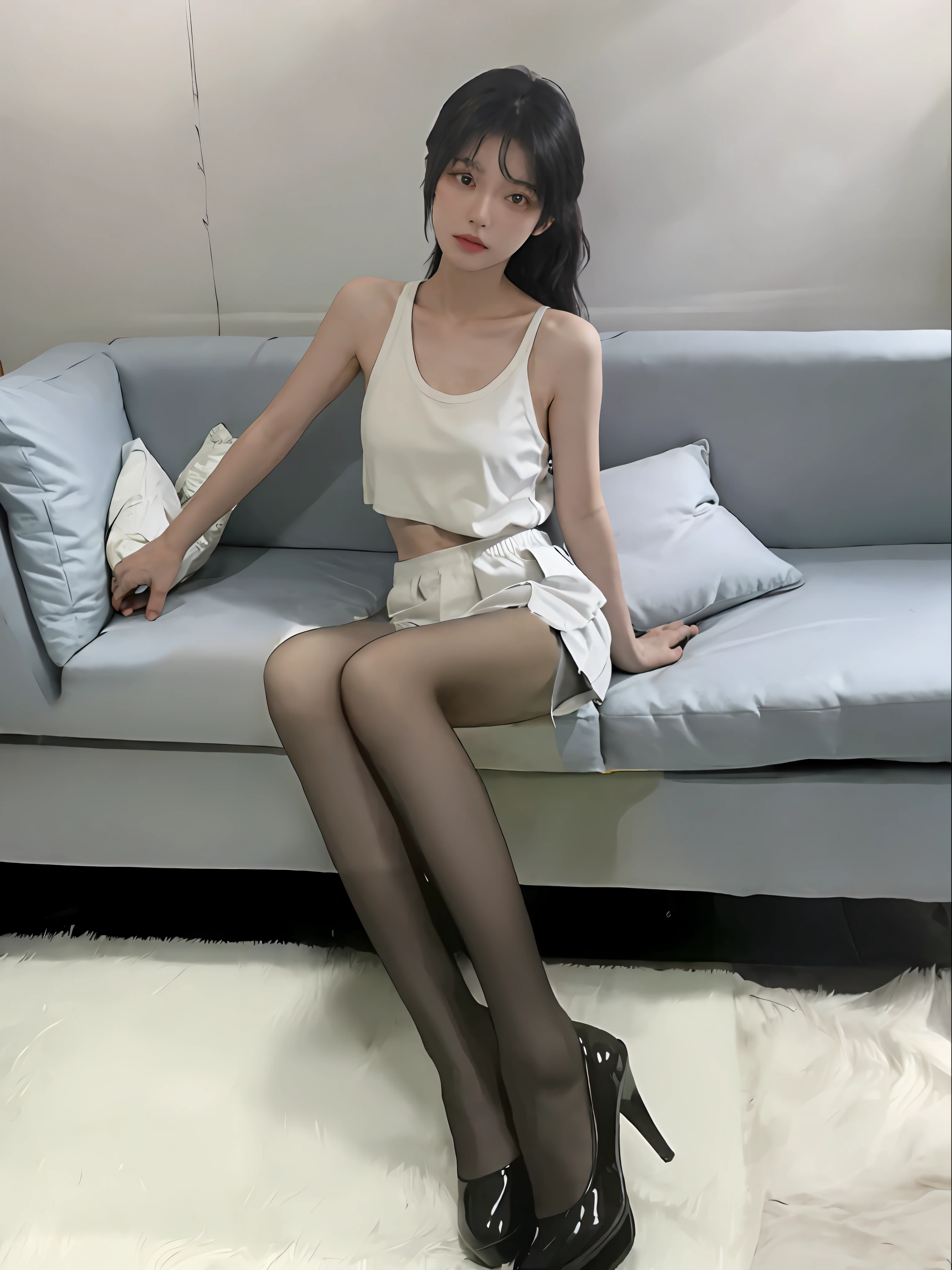 Girls, sportswear, gaze viewer, sofa, bare shoulders, collarbone, realistic, master works,