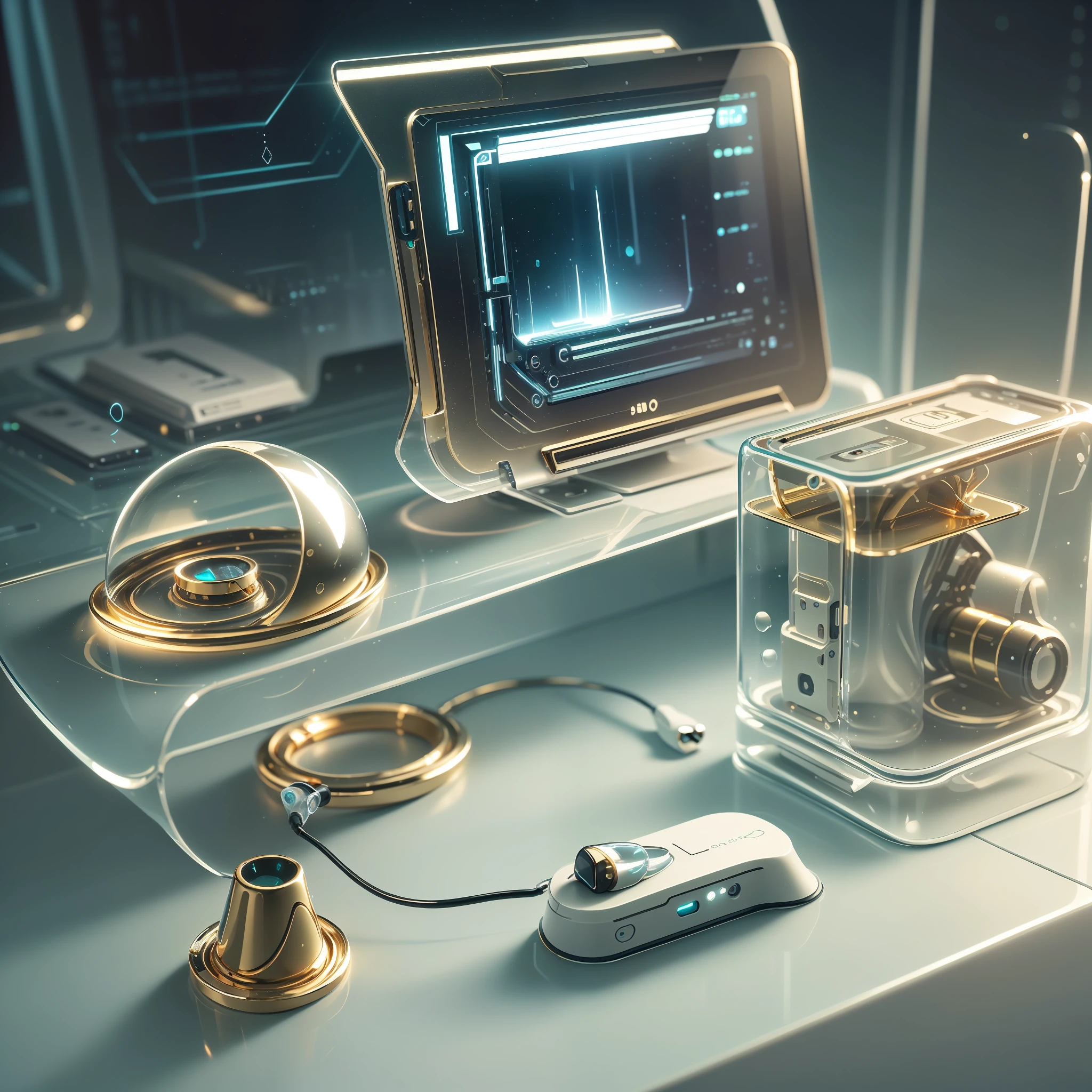 glasstech, scifi, transparent gold and glass tampon ,two gold hearing aid, two gold nose plug, and earplug, only on table transparent ,gold hearing aid and gold nose plug, and earplug, lies only on cyberpunk desk, small devices scan these things