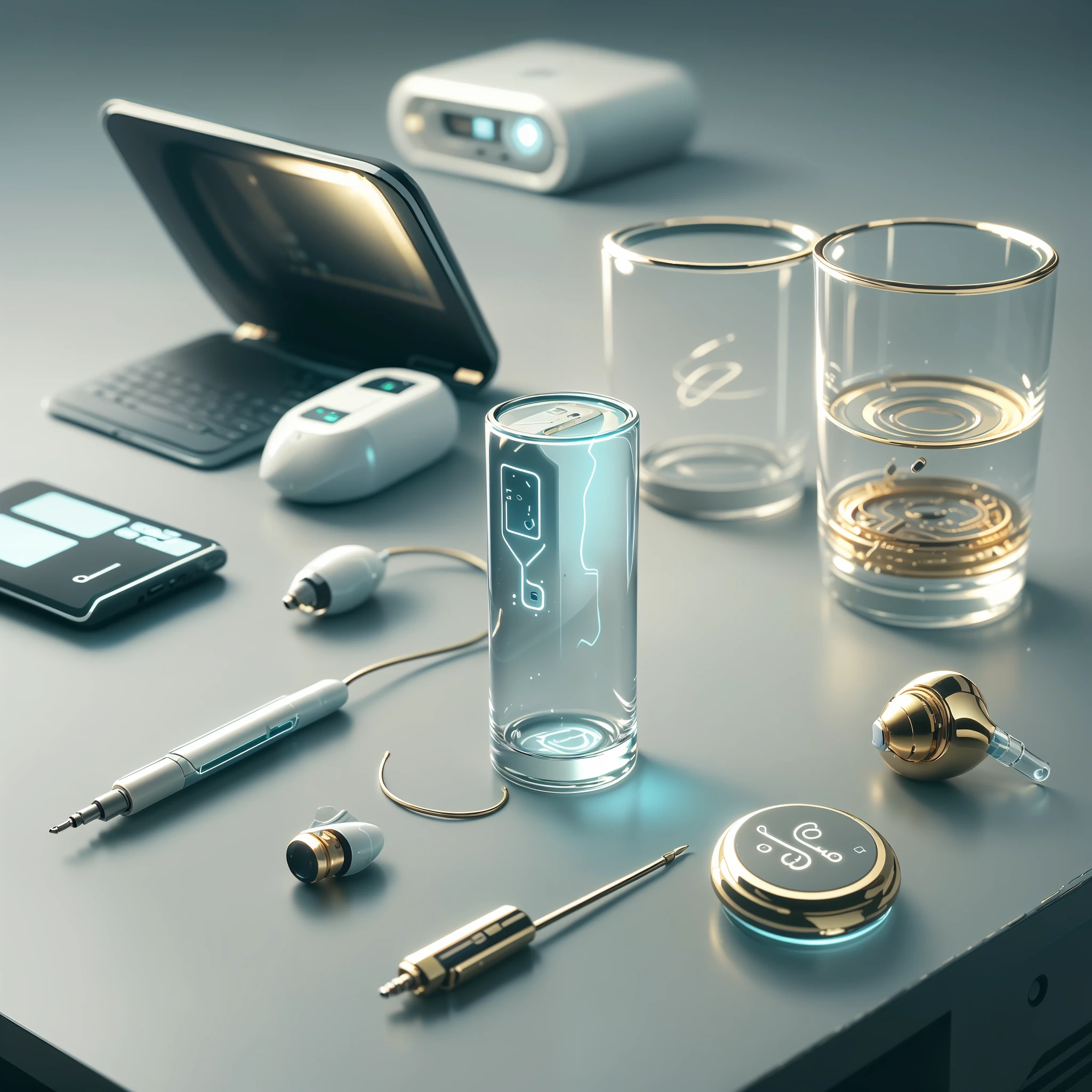 glasstech, scifi, transparent gold and glass tampon ,two gold hearing aid, two gold nose plug, and earplug, only on table transparent  ,gold hearing aid and  gold nose plug, and earplug, lies only on cyberpunk desk, small devices scan these things
