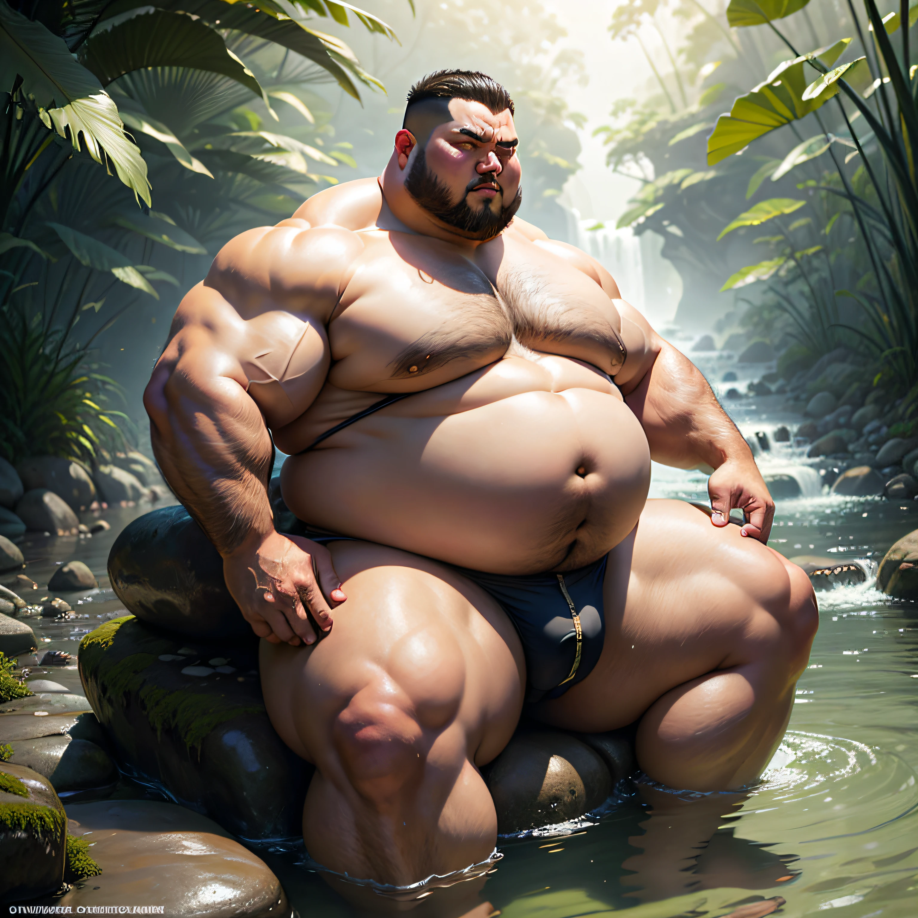 Fat man sitting in the water, big belly, athletic, ridiculously large physique, ridiculously large belly, muscular, muscular, attractive strong man, robust chunky body, big belly, exaggerated big physique, strong fat Dionysian body, big muscles, very beautiful. Big muscles, fat torn Satan creatures, huge muscles, huge muscles, obesity, thick hands and feet, homosexual, Asian face, middle-aged men, ridiculously fat, morbidly obese, ultra-low waist panties, erotic panties, ultra-exposed panties, bright crotch, bald head, shot from the side, firm buttocks, ridiculously large crotch, in the background is a small river deep in the jungle, the river is clear and low