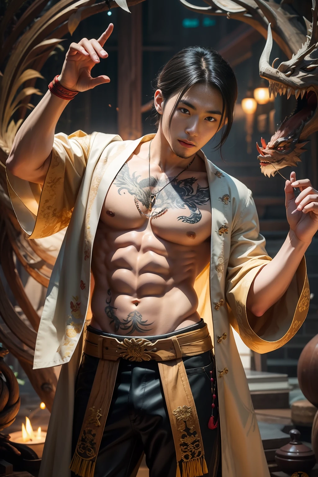 Handsome guy, 25 years old, Asian, master work, best picture quality, higher quality, high detail, super high resolution, (realistic: 1.4) 8k resolution, delicate facial features, boys, big muscles, tattoos, glowing eyes, short hair, gray hair, hair details, (full body: 0.6), detailed background , [[Look away, look to the side, emphasize homosexuality and pay attention to every detail , Open Hanfu transparent tulle jacket, naked chest, naked abs, white rubber pants, (crotch bulge), , Fa gong, Chinese kung fu, fingerless gloves, Wristbands, dragon themed costumes, monk robes, dynamic composition,,, wood, wood background, very much wood, wood around the body, dead wood, lots of branches background, Chinese wood carving, wood carving modeling crafts, holding wood carving magic vessels, night