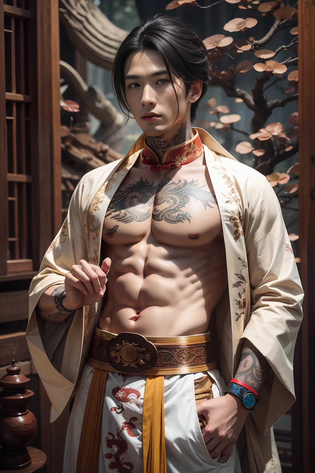 Handsome guy, 25 years old, Asian, master work, best picture quality, higher quality, high detail, super high resolution, (realistic: 1.4) 8k resolution, delicate facial features, boys, big muscles, tattoos, glowing eyes, short hair, gray hair, hair details, (full body: 0.6), detailed background , [[Look away, look to the side, emphasize homosexuality and pay attention to every detail , Open Hanfu transparent tulle jacket, naked chest, naked abs, white rubber pants, (crotch bulge), , Fa gong, Chinese kung fu, fingerless gloves, Wristbands, dragon themed costumes, monk robes, dynamic composition,,, wood, wood background, very much wood, wood around the body, dead wood, lots of branches background, Chinese wood carving, wood carving modeling crafts, holding wood carving magic vessels, night