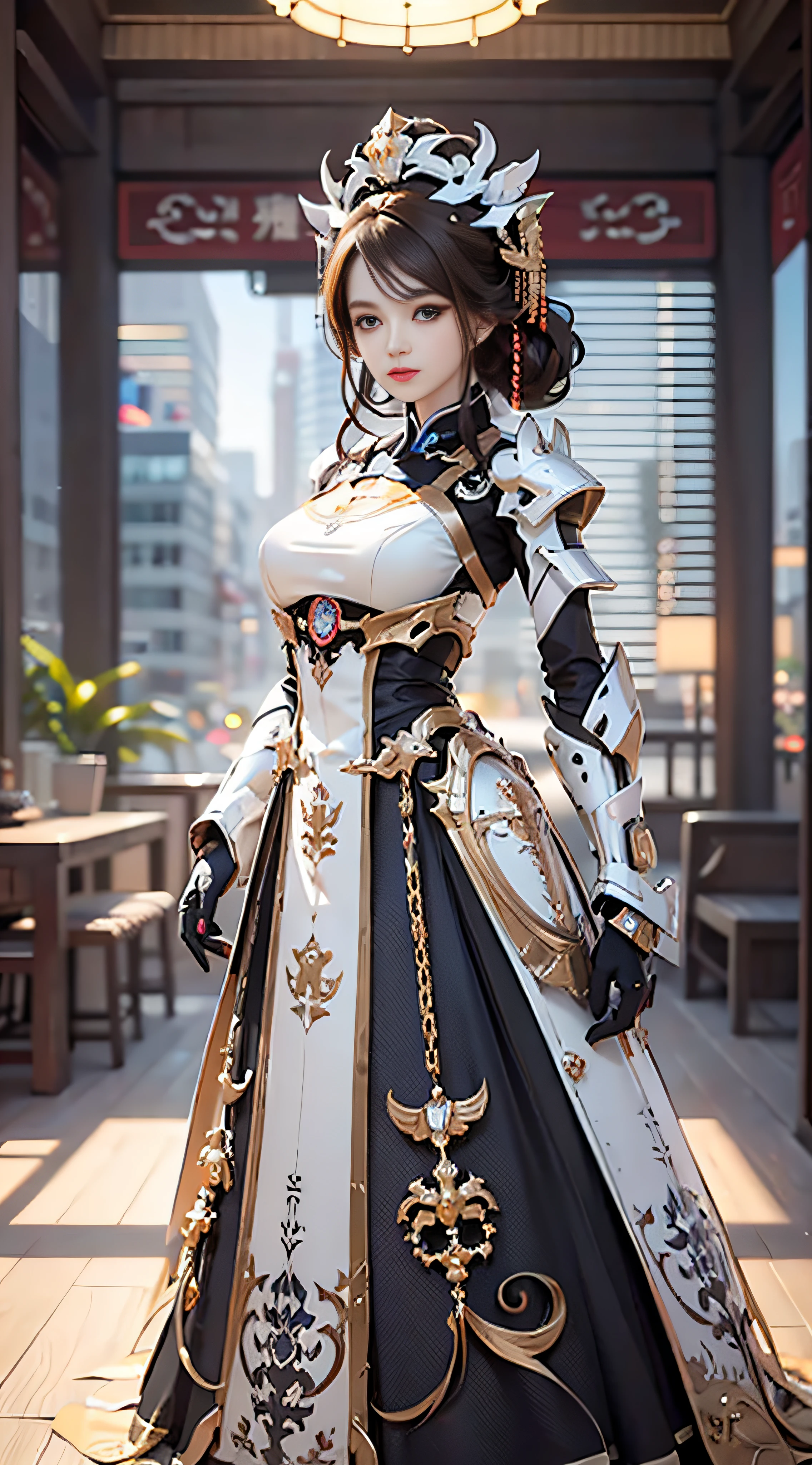 A girl looking at the audience, brunette hair, Chinese girl, headdress, Chinese hair accessories, chef's clothes, perfect eyes, (eyes with correct proportions: 1), (Hanfu: 1.1), (mecha: 0.5), robotic arms, (magic: 1.5), front, magic elements, (full body: 1.5), (Simple background: 1.1), bright background, futuristic, first-person view, pov, panorama, ultra hd, masterpiece, accurate, anatomically correct, high detail, (best quality: 1.5), high resolution, 8k, perfect face proportions, upright body, beautiful eyes, perfect face, detailed face, elegant,