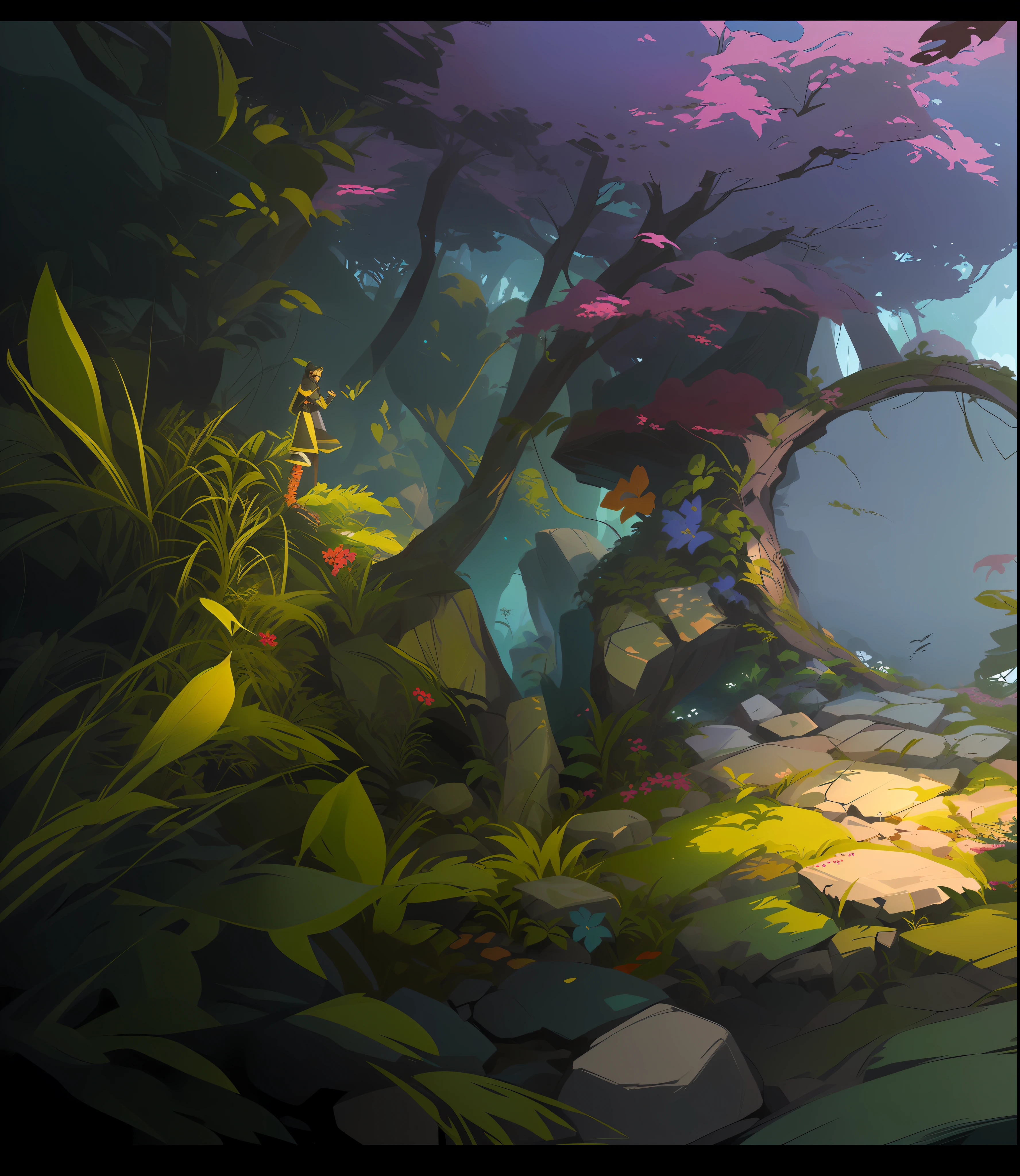 Forest and meadow, with vine man and other plants interspersed among them, colorful concept art, by Ryan Yee, digital painting concept art, environmental art, floral environment, background art, by Jason Chan, Ross Tran. Landscape background, stylized concept art, drawn as game concept art, Alexander Jean, David Parker, environmental design illustration