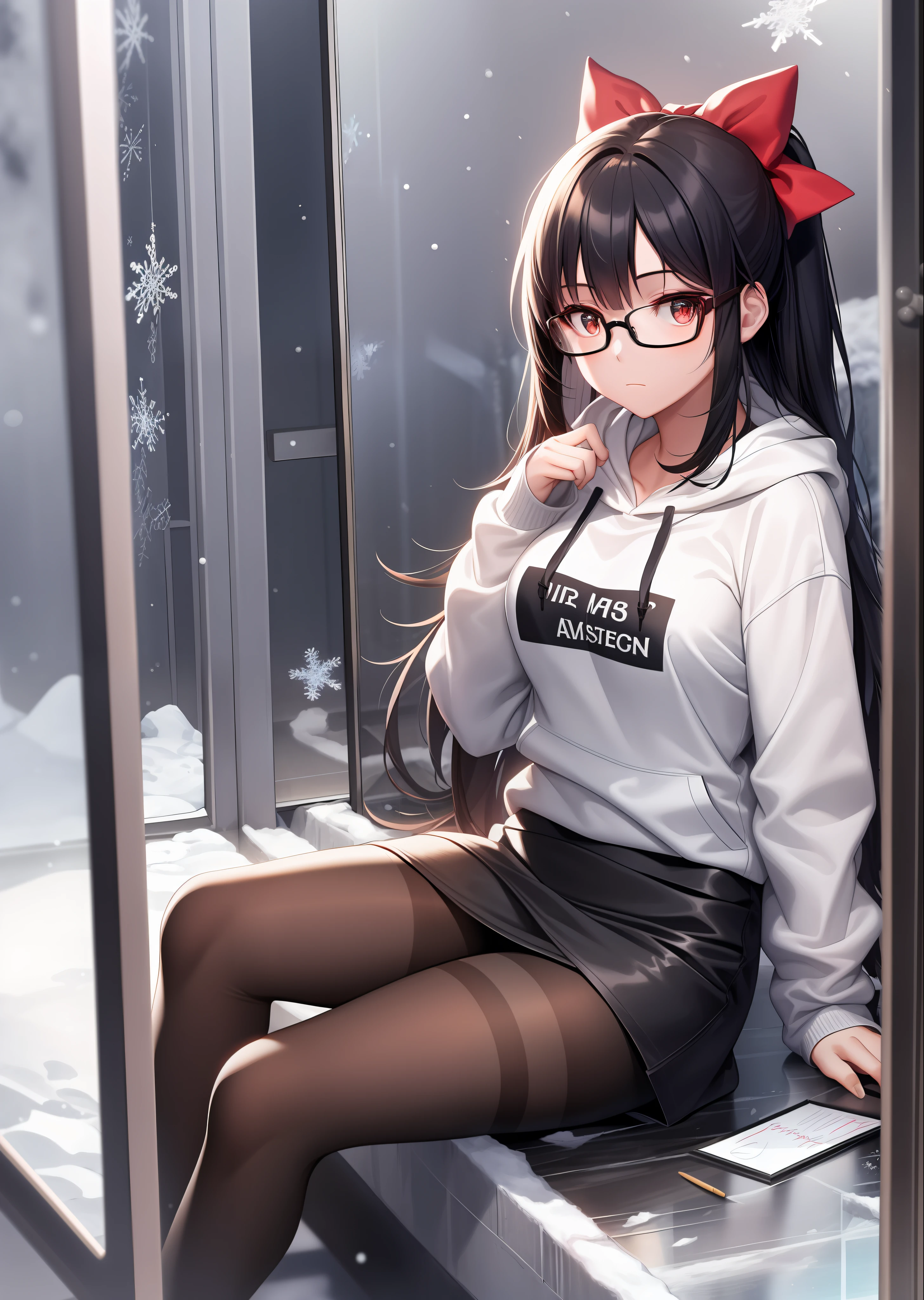 Beautiful girl, red face, bow hair accessories, hoodie, squint, long hair, black hair, facing the viewer, pantyhose, stockings, sneakers, best picture quality, master work, super high resolution, exquisite facial features, student, gradient eye, new glasses, black and white board writing, reflection, ice and snow landscape
