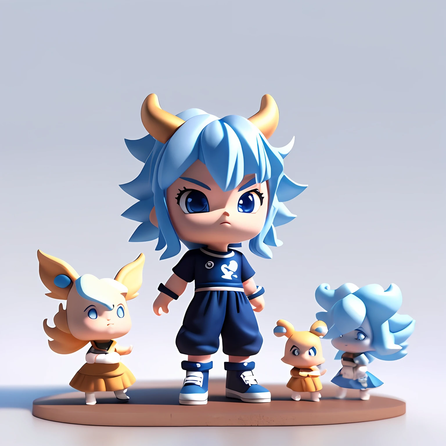 Super Saiyan long horns, fighting atmosphere, delicate hair, arm portrayal, blue and white hair, delicate shoes, facial features portrayal, delicate facial features, eye portrayal, delicate hair, delicate horns, popmart blind box, clay texture, stepping on the earth, black and white background, natural lighting, best quality, hyper detail, 3D art, c4d, OC renderer, 3d rendering, 8k