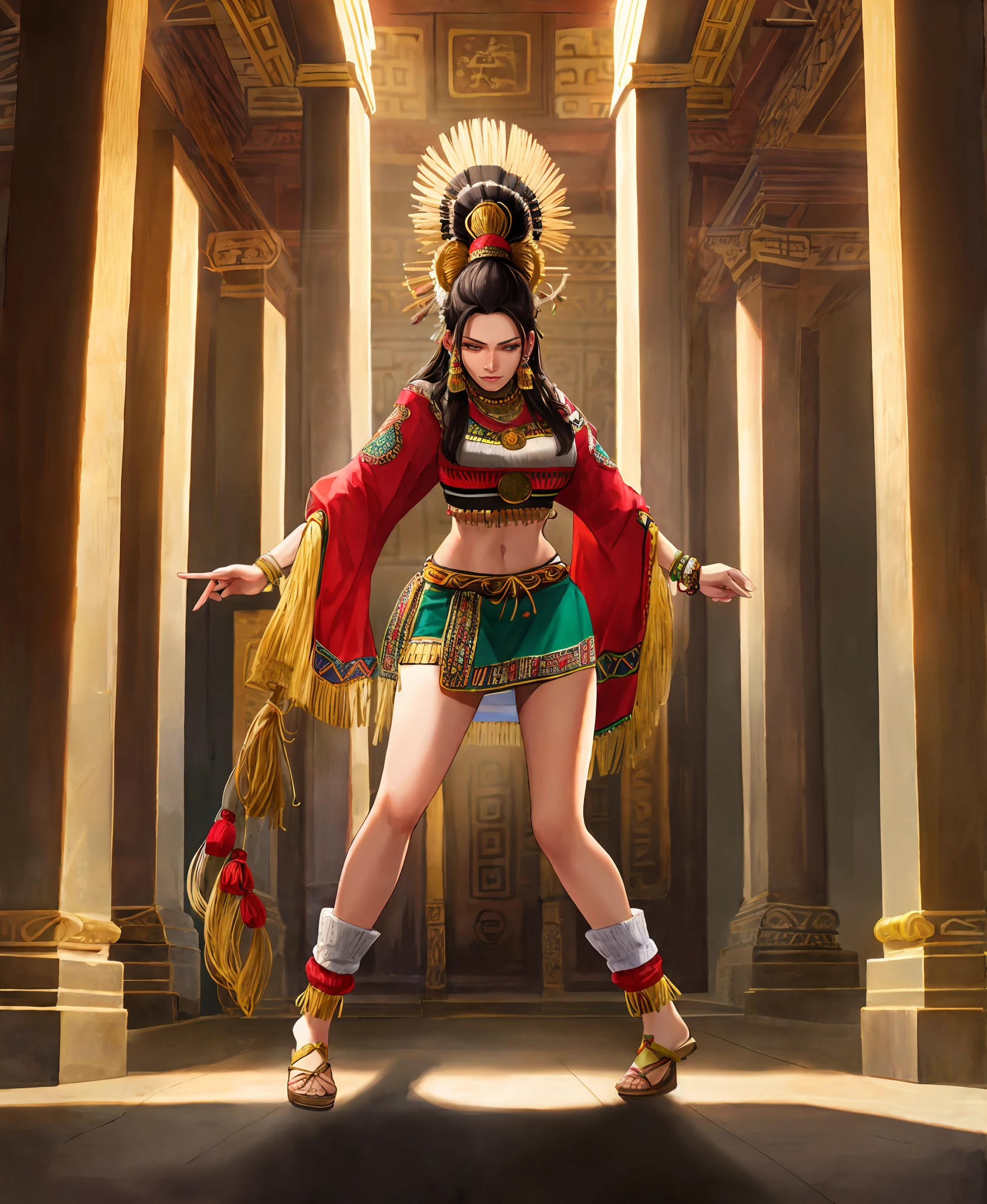 artistic photograph of an aztec woman dancing, loin cloth, (full body shot), extremely detailed, centered, [intricate aztec temple in the background], high resolution, hyperdetailed, insane details, soft lighting, film grain