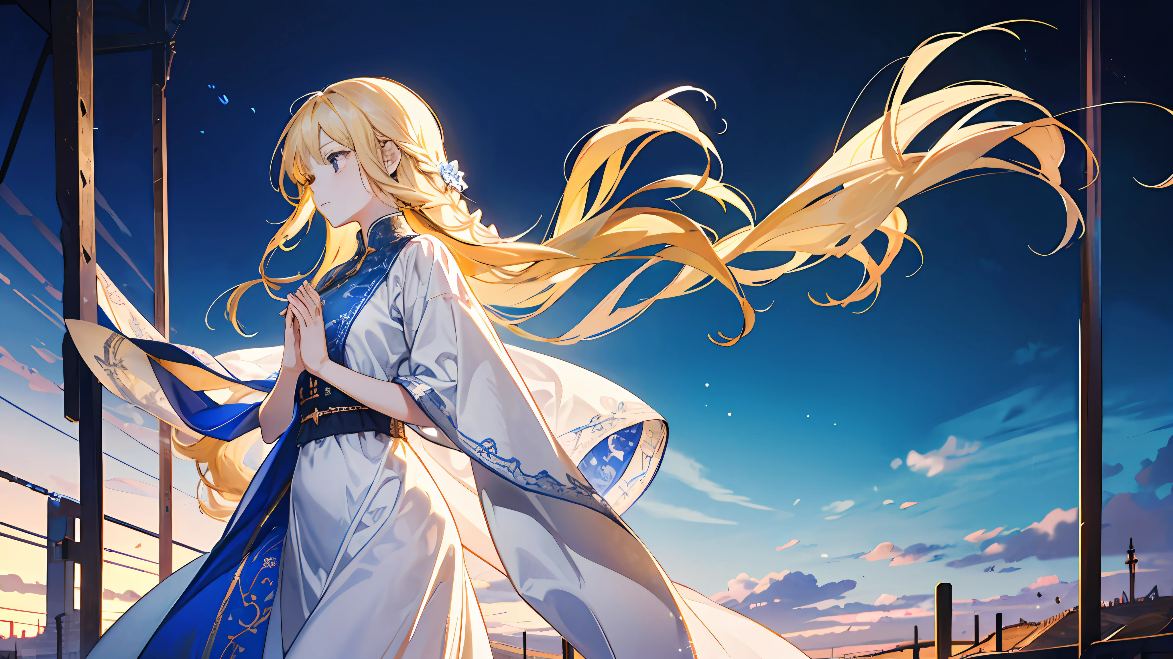 A little girl, beautiful, otherworldly, elegant, full body, long blonde hair, simple dress, white and blue long dress, standing on the stage, praying, castle, (Western-style medieval town), cold, extreme details, crowd, daytime