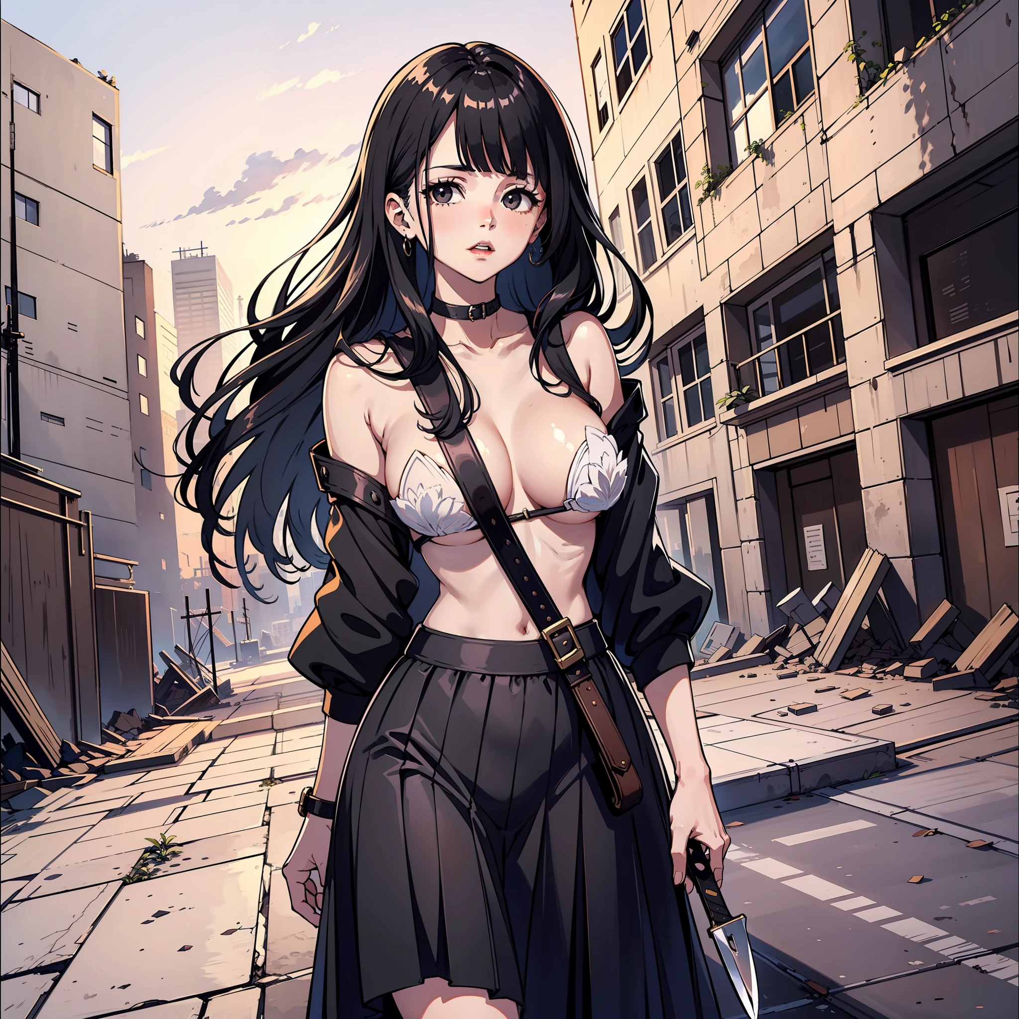 High-grade composition, detailed details, 4K quality, clear picture quality, girl (flat breast), in the ruins of a tall building stands a girl with black hair, wearing a long skirt, black eyes, long black hair, holding a knife in her hand