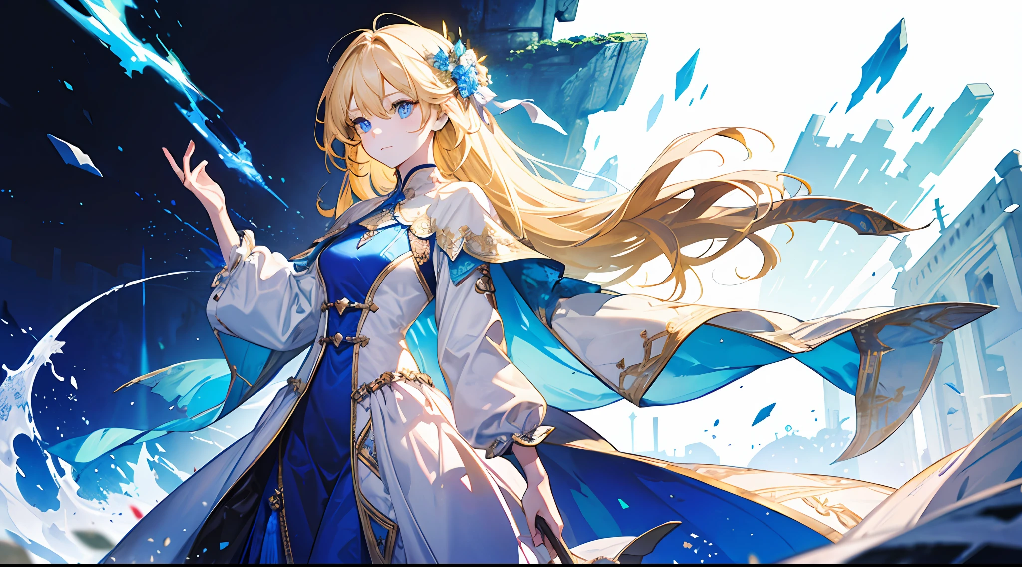 A , beautiful, otherworldly, elegant, full body, long blonde hair, simple dress, white and blue long dress, castle, (Western-style medieval town), cold, extreme details, crowd onlookers, daytime