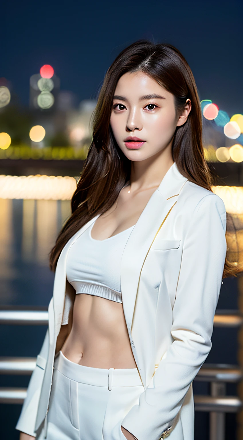 ((Realistic lighting, Best Quality, 8K, Masterpiece: 1.3)), Clear focus: 1.2, 1girl, Perfect Figure: 1.4, Slim Abs: 1.1, ((Dark brown hair)), (White suit: 1.4), (Outdoor 1.1), City Night View, Super Fine Face, Fine Eyes, Double Eyelids