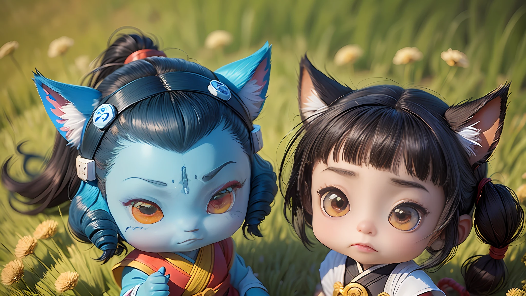 black hair, hair bobbles, wince, longeyelashes, solid circle eyes, fake animal ears, light smile, ear blush, fang, Surrealism, drop shadow, anaglyph, stereogram, tachi-e, pov, atmospheric perspective, 8k, super detail, ccurate, best quality