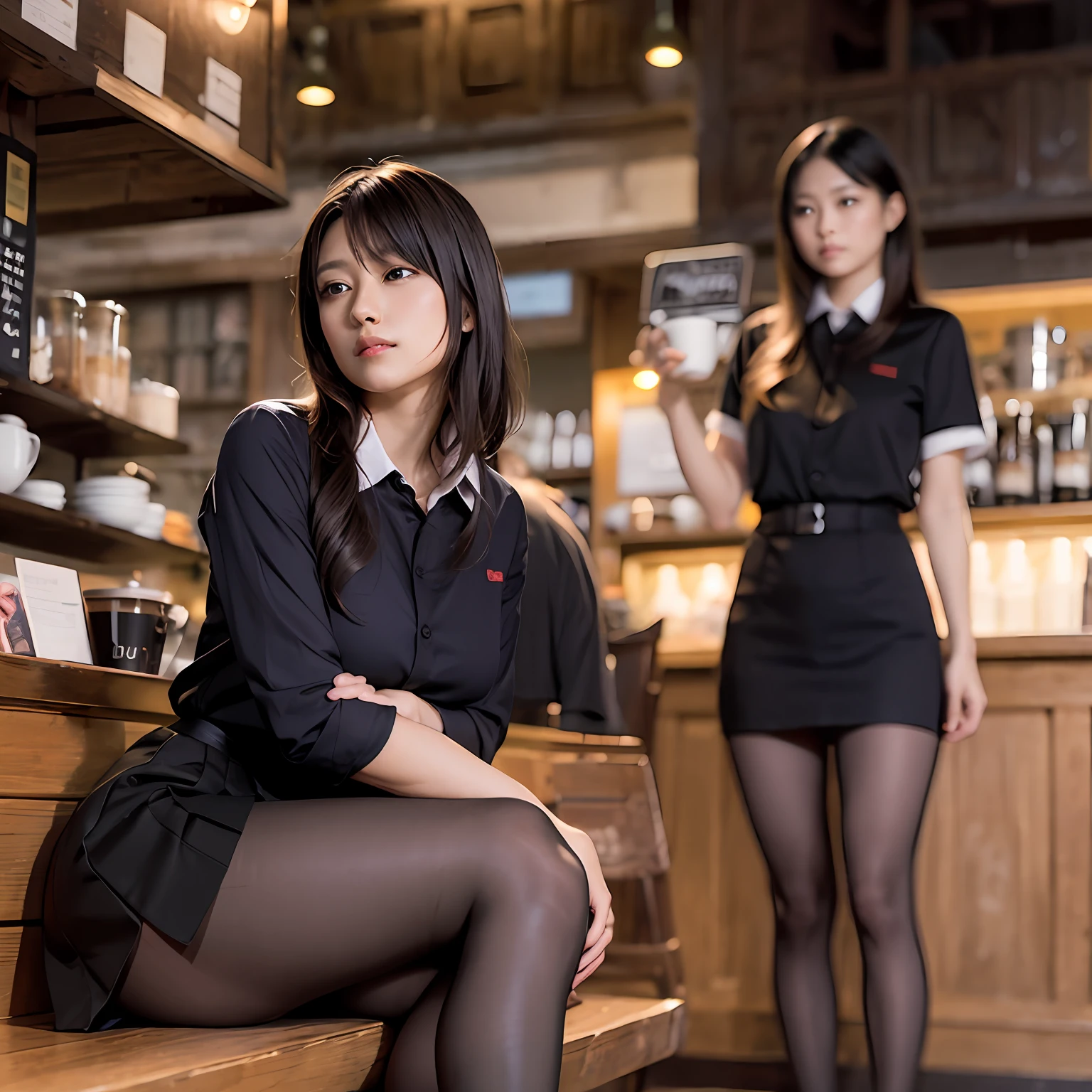 8k), (Best Quality), (Masterpiece: 1.3), (Realistic), (Photorealistic: 1.36), Ultra Detail, Beautiful Woman, Shy, 23 years old, (Waitress uniform in coffee shop:1.3), (Black miniskirt:1.3), (Black pantyhose:1.2), No underwear, Sitting on coffee shop floor, Brown eyes, ((knees, legs spread)), slender, plump breasts, slender legs, seductive face, sharp focus, cinematic lighting, shallow depth of field, high quality, perfect anatomy, correct anatomy, perfect proportions, perfect limbs, perfect fingers, viewfinder, from below