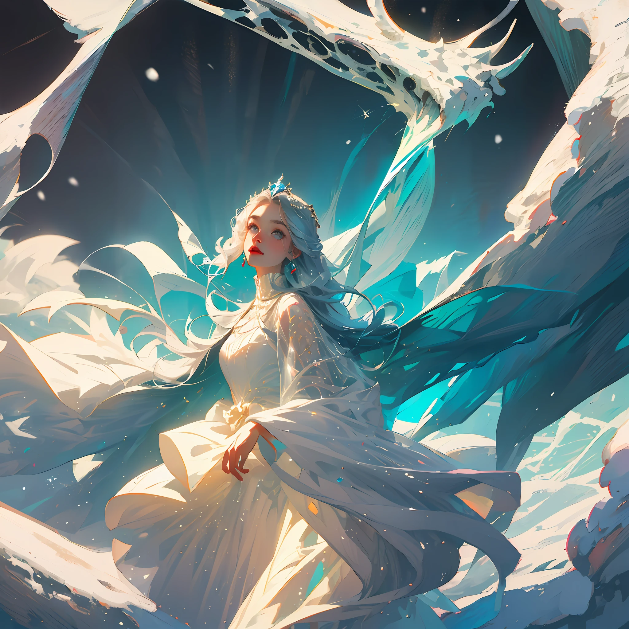 Beautiful woman standing in the ice and snow, white long hair, silver crown, silver jewelry, all clothes are white, white streamers, fine face, precise hands, behind is a huge iceberg, layers of snow mountains full of background, layer by layer, white bright world, clean, super high resolution. Fantasy, fantasy world. Magic. Art super highly detailed, detailed digital painting, highly detailed, intricate poses, clear, high quality, (glacier world),
Masterpiece, best quality, best quality, amazing, beautiful detail eyes, fine details, depth of field, extremely detailed, full body, (a girl wearing a dress with a silver-white texture))), (extremely gorgeous white metal style)), (floating hair), (flowing ice and snow)), (flowing snow)) --auto
