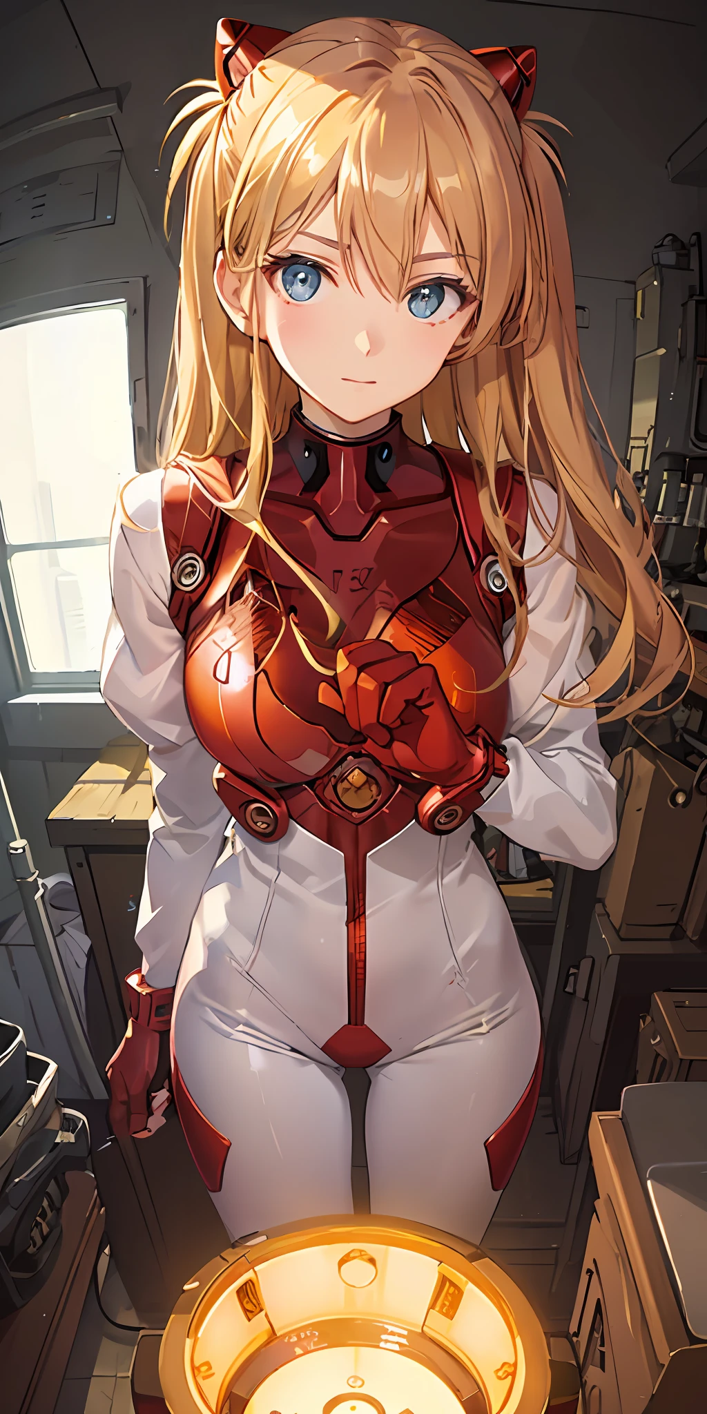 (Overhead view),dynamic angle,ultra-detailed, illustration, close-up, straight on, 1girl, 
 ((souryuu asuka langley, interface headset, red bodysuit:1.4, blonde)),Her eyes shone like dreamy stars,(glowing eyes:1.233),(beautiful and detailed eyes:1.1),(expressionless,closed mouth),(standing), 
(mechanic room with toolsand spaceship windowin a white SPACESHIP),
(night:1.2),dreamy, [[delicate fingers and hands:0.55]::0.85],(detail fingers),