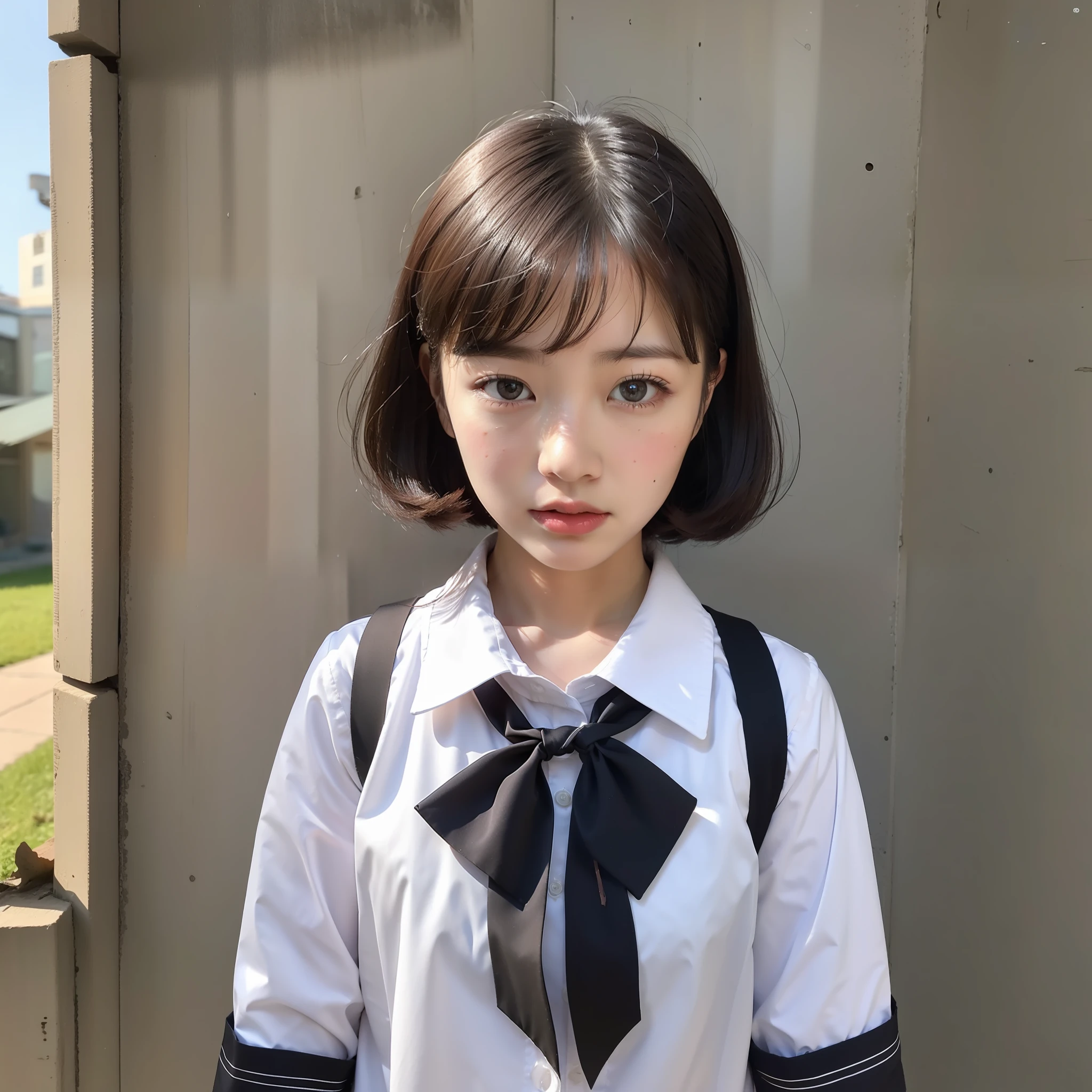 POV, cute schoolgirl, round face, half beautiful girl, summer clothes cutter shirt, short cut, black hair, face close-up youth, puberty, pale light, schoolyard, no tie, no ribbon, natural light, dusk