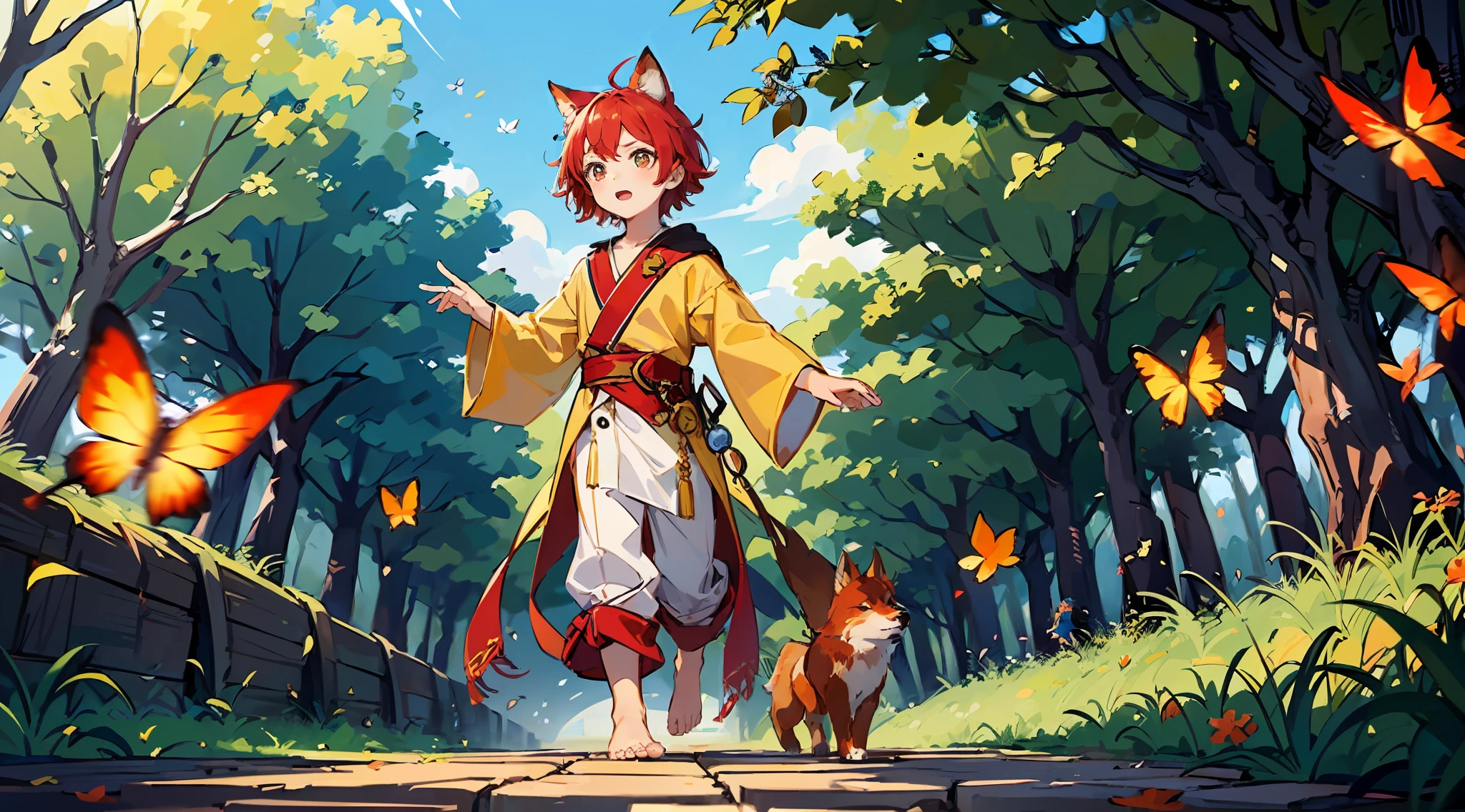(Little boy with short red hair with golden eyes), (dressed in a golden and red fairy robe), (red fox ear tail), (handsome), (barefoot), (maple forest), (chasing butterflies)