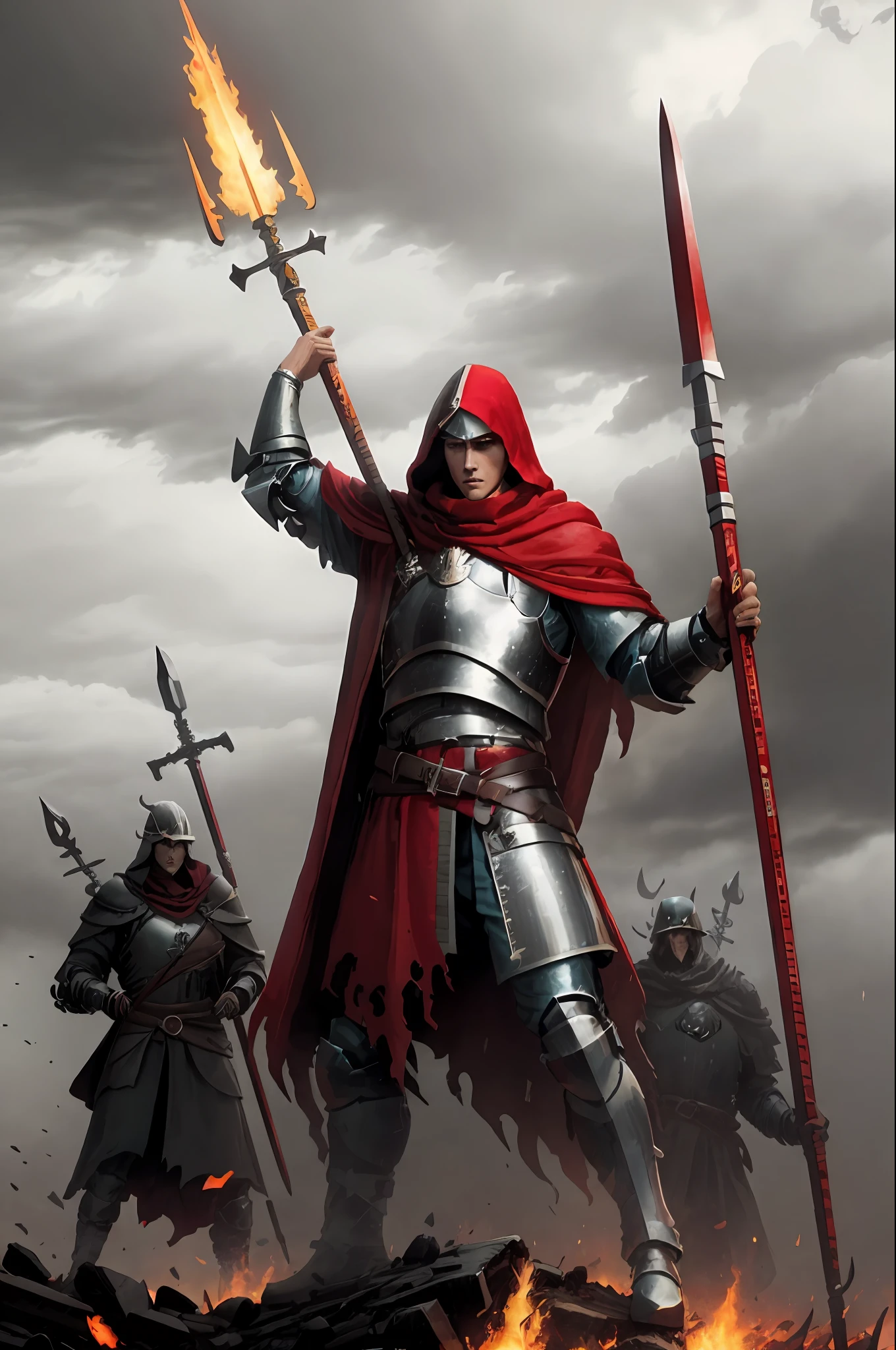 (spearman), ((armed with spear and shield)), spear, shield, long pike, full body, action pose, plate armor, standing on top of the skull pile, torn red cloak, wearing mace on the belt, low angle shot, burning hell background, gray overcast sky with a red tint, unity HDRP, unreal engine, raytracing, ultra detailed, masterpiece