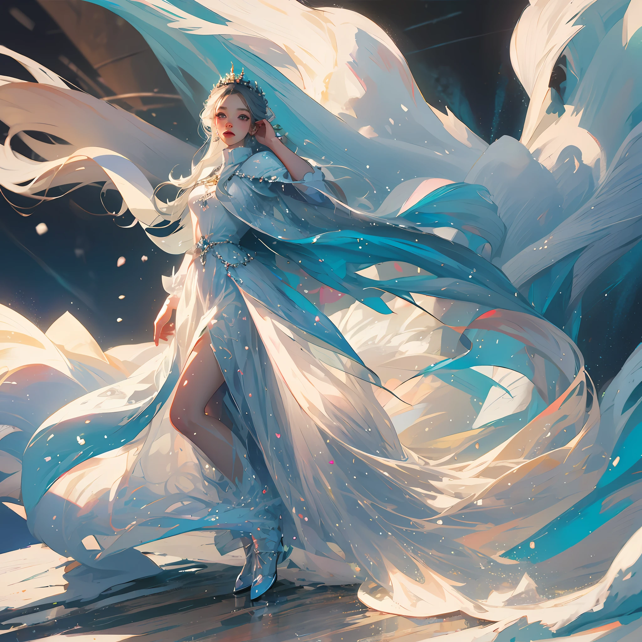 Beautiful woman standing in the ice and snow, white long hair, silver crown, silver jewelry, all clothes are white, white streamers, fine face, precise hands, behind is a huge iceberg, layers of snow mountains full of background, layer by layer, white bright world, clean, super high resolution. Fantasy, fantasy world. Magic. Art super highly detailed, detailed digital painting, highly detailed, intricate poses, clear, high quality, (glacier world),
Masterpiece, best quality, best quality, amazing, beautiful detail eyes, fine details, depth of field, extremely detailed, full body, (a girl wearing a dress with a silver-white texture))), (extremely gorgeous white metal style)), (floating hair), (flowing ice and snow)), (flowing snow)) --auto