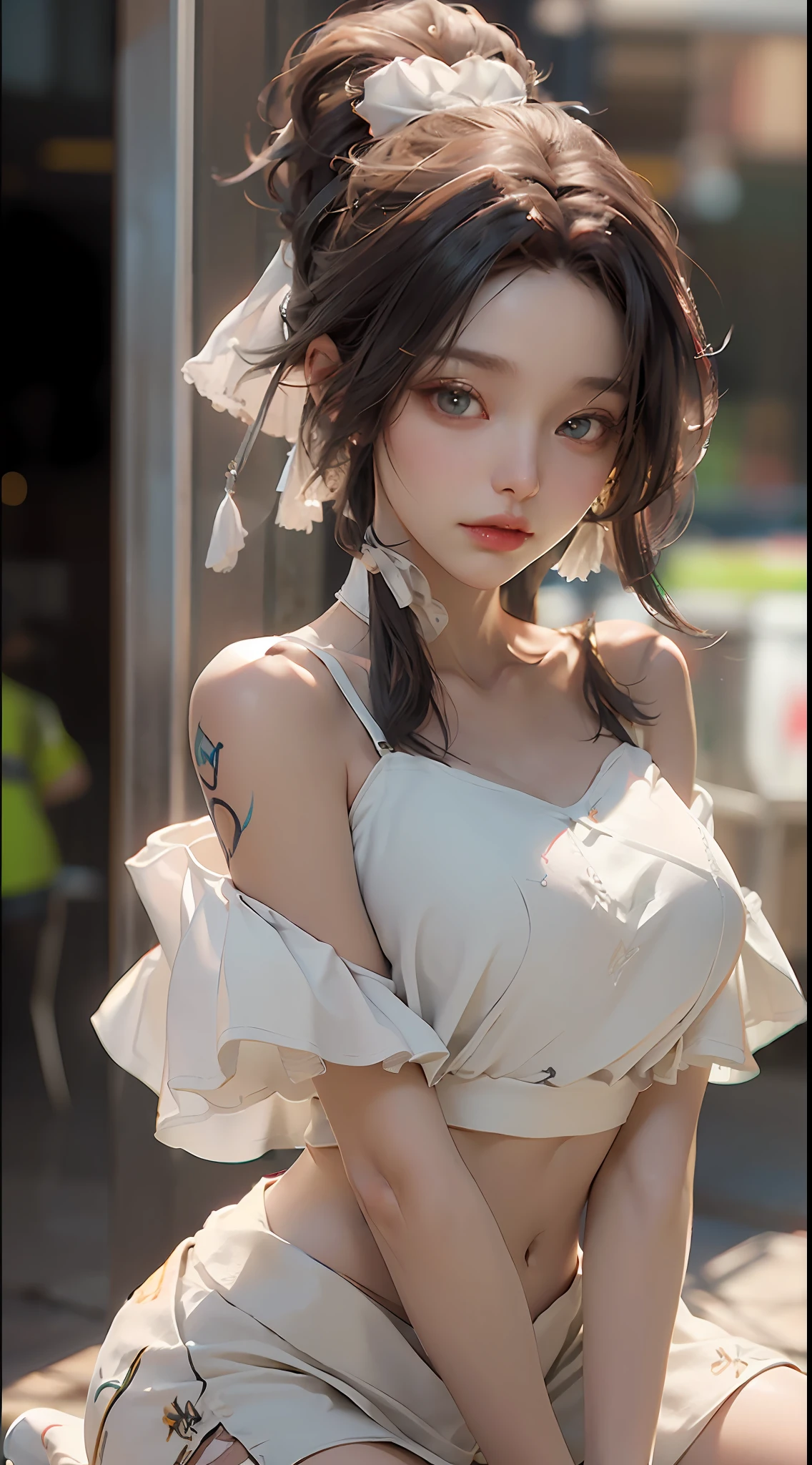(Best Quality), ((Masterpiece), (Detail: 1.4), 3D, A Beautiful Cyberpunk Woman, HDR (High Dynamic Range), Ray Tracing, NVIDIA RTX, Super-Resolution, Unreal 5, Subsurface Scattering, PBR Textures, Post-Processing, Anisotropic Filtering, Depth of Field, Maximum Sharpness and Clarity, Multi-layer Textures, Albedo and Highlight Maps, Surface Shading, Accurate simulation of light-material interactions, perfect proportions, Octane Render, two-color light, large aperture, low ISO, white balance, rule of thirds, 8K RAW, nudity, off-the-shoulder, camisole vest, miniskirt, transparent attire, open waist, miniskirt //, very short, colorful graffiti on shoulders,