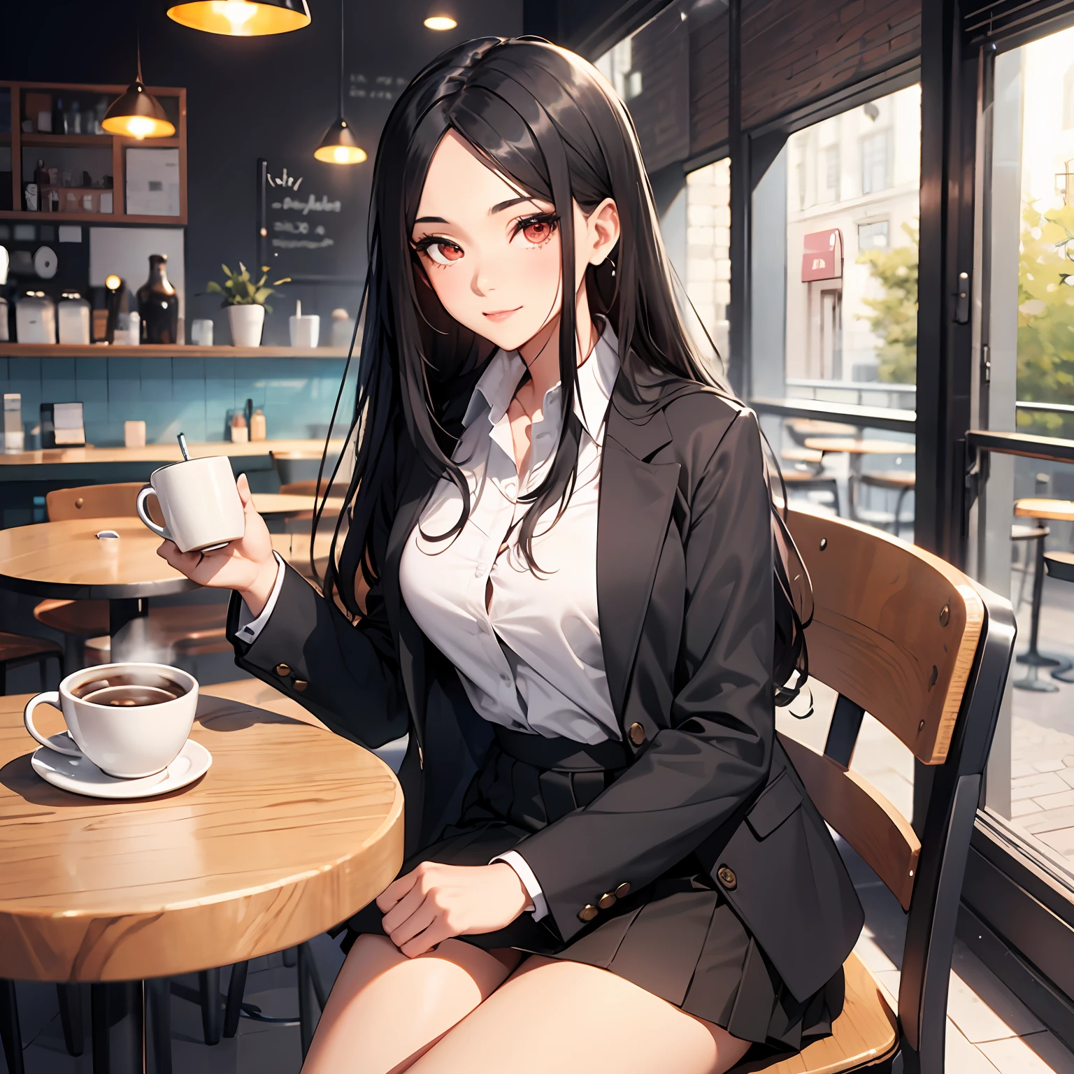 A 30-year-old woman with long black hair, red eyes, confident and positive expression, black blazer, white shirt, (black hip skirt: 1.1), (coffee in a café: 1.2), sitting on a chair, dynamic angle