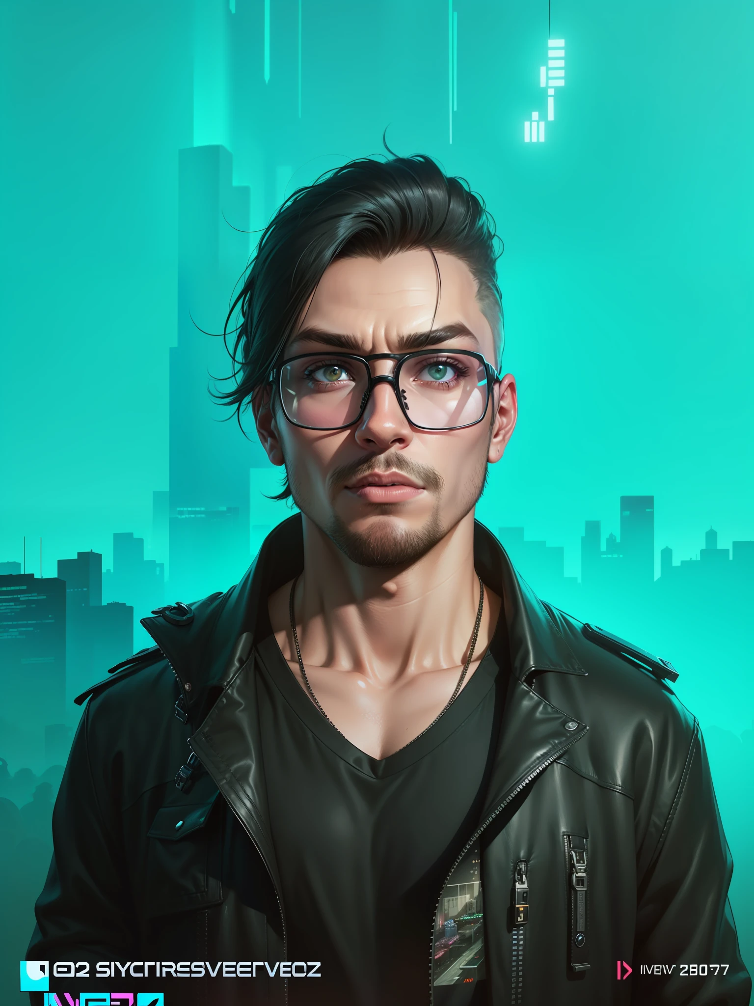 a man in a black jacket and glasses stands in front of a futuristic city, vr game, cyberpunk vibe, cyberpunk vibes, deeper into the metaverse we go, has cyberpunk style, cyberpunk theme, in cyber punk 2077, cyberpunk futuristic, cyberpunk future, synthwave, wearing cyberpunk streetwear, futuristic cyberpunk, cyberpunk tech, retro cyberpunk, synthwave style