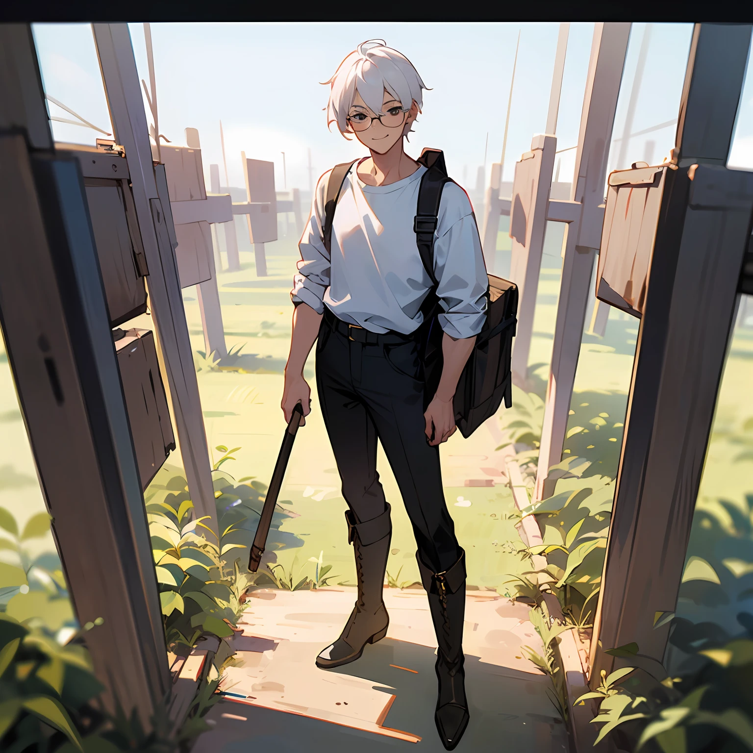 Masterpiece, top quality, one handsome man put male focus, looking at viewer, smiling, wearing glasses, mouth closed, sun, white background studio, full body, white hair, white t-shirt, black boots, farm tools on shoulders, farmland in the background, black eyes, sunny day --auto