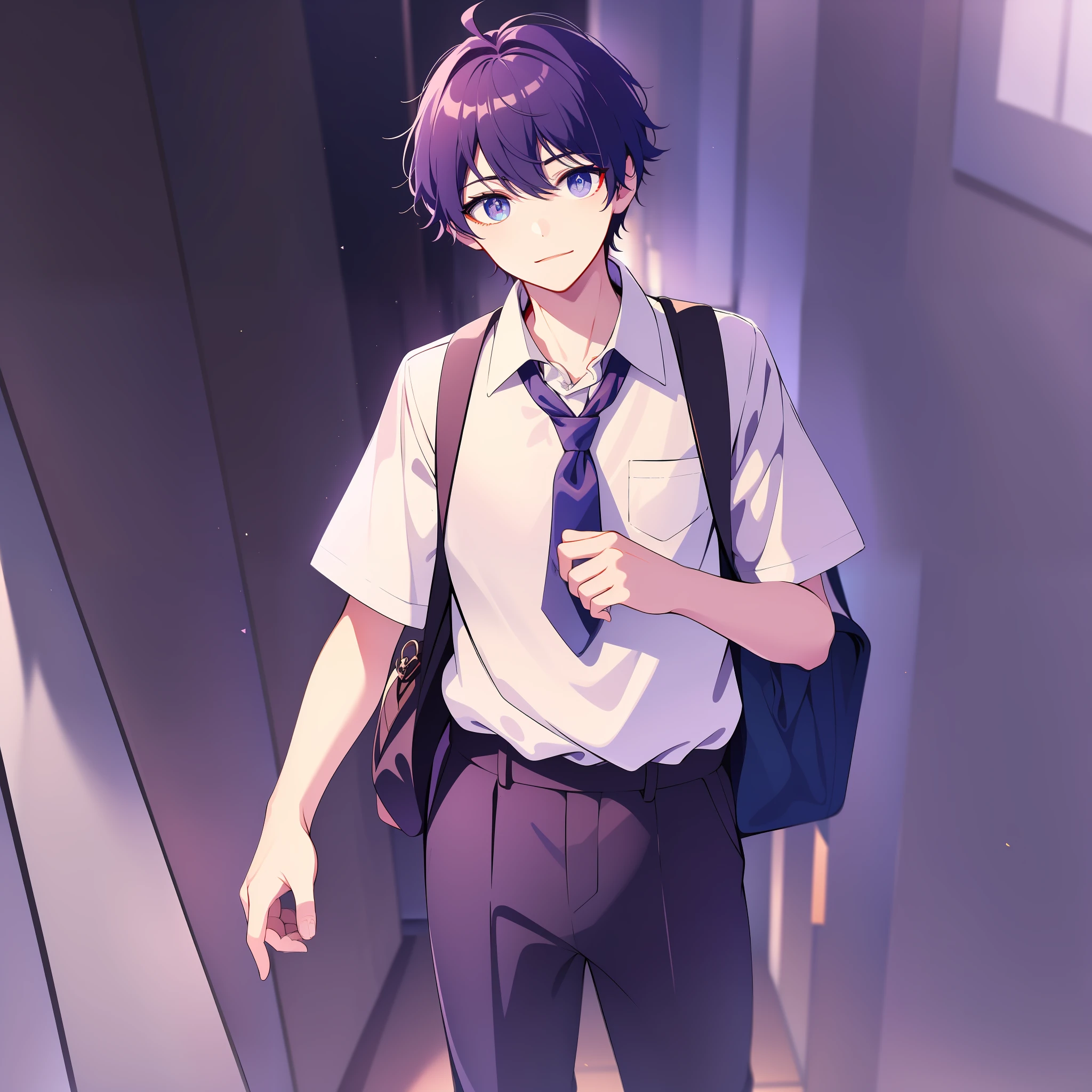 At the end of school, a boy with black hair and a yellow face, wearing a delicate blue and white school uniform, blue and white sneakers, and a colorful sports school bag in his hand, with brilliant purple starry eyes and white skin against the background, is amazing. There is also a strange girl next to him, which sets off his background, highlighting his handsomeness and confidence even more. His facial features are delicate, more like a character coming out of a painting, making it difficult to look away. The black school uniform pants accentuate his tall figure even more. This painting makes people feel the excitement and vitality of school after school, and also makes people full of good luck about the mystery and charm of this boy