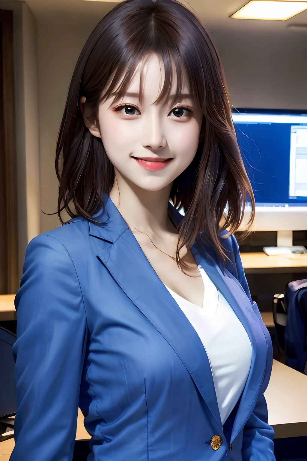 (8k, RAW photo, super high resolution, best quality, masterpiece: 1.2), (realistic illustration), (extremely detailed CG Unity 8k wallpaper), ridiculous, 1 girl, 21 years old, beautiful face, medium breasts, black medium hair, smile, tilted head, smile, upper body, slim pants, gray custom jacket, office, upper body, Nogizaka アイドル, actress, Korean country アイドル