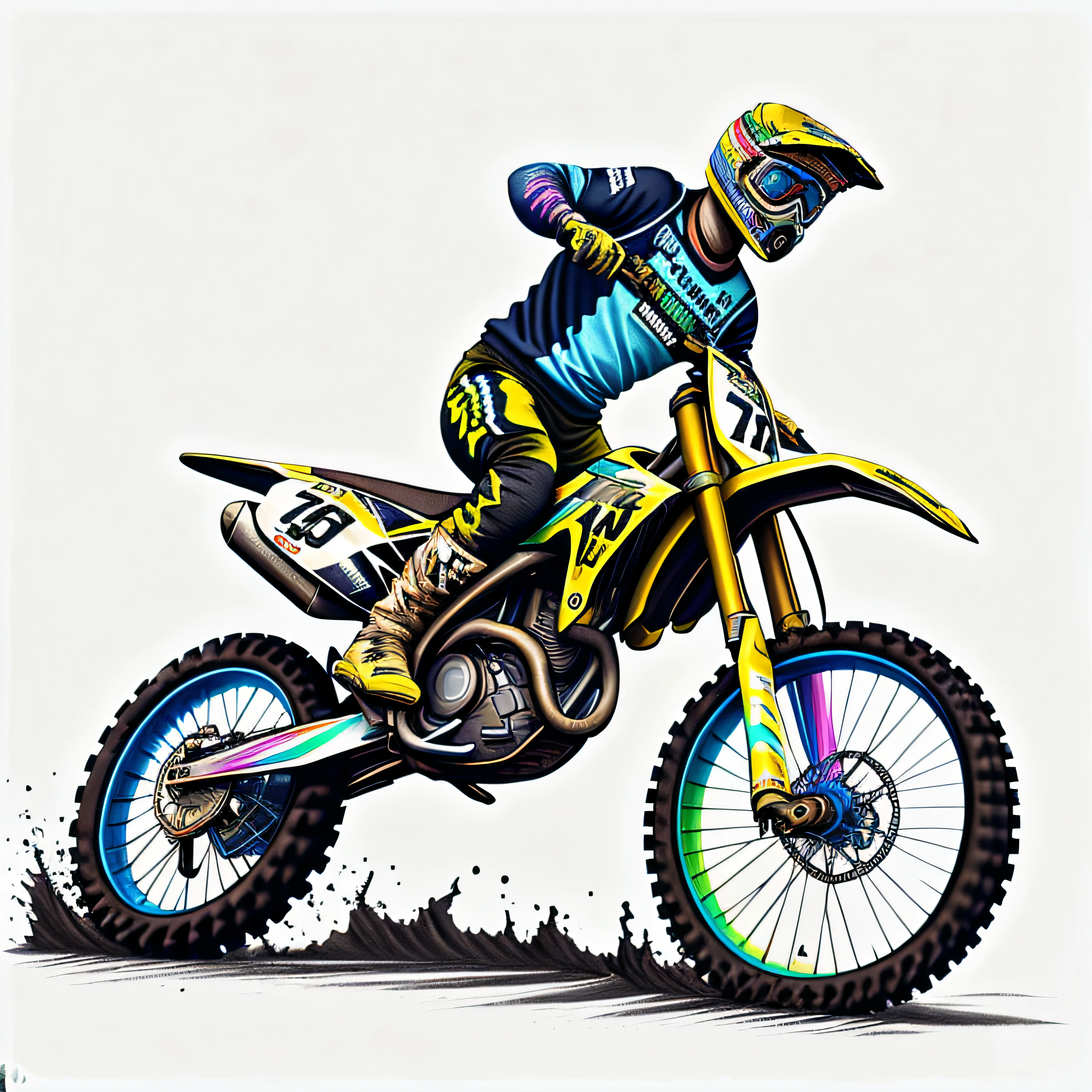 RainbowPencilRockAI muddy terrain Motocross racing on white background