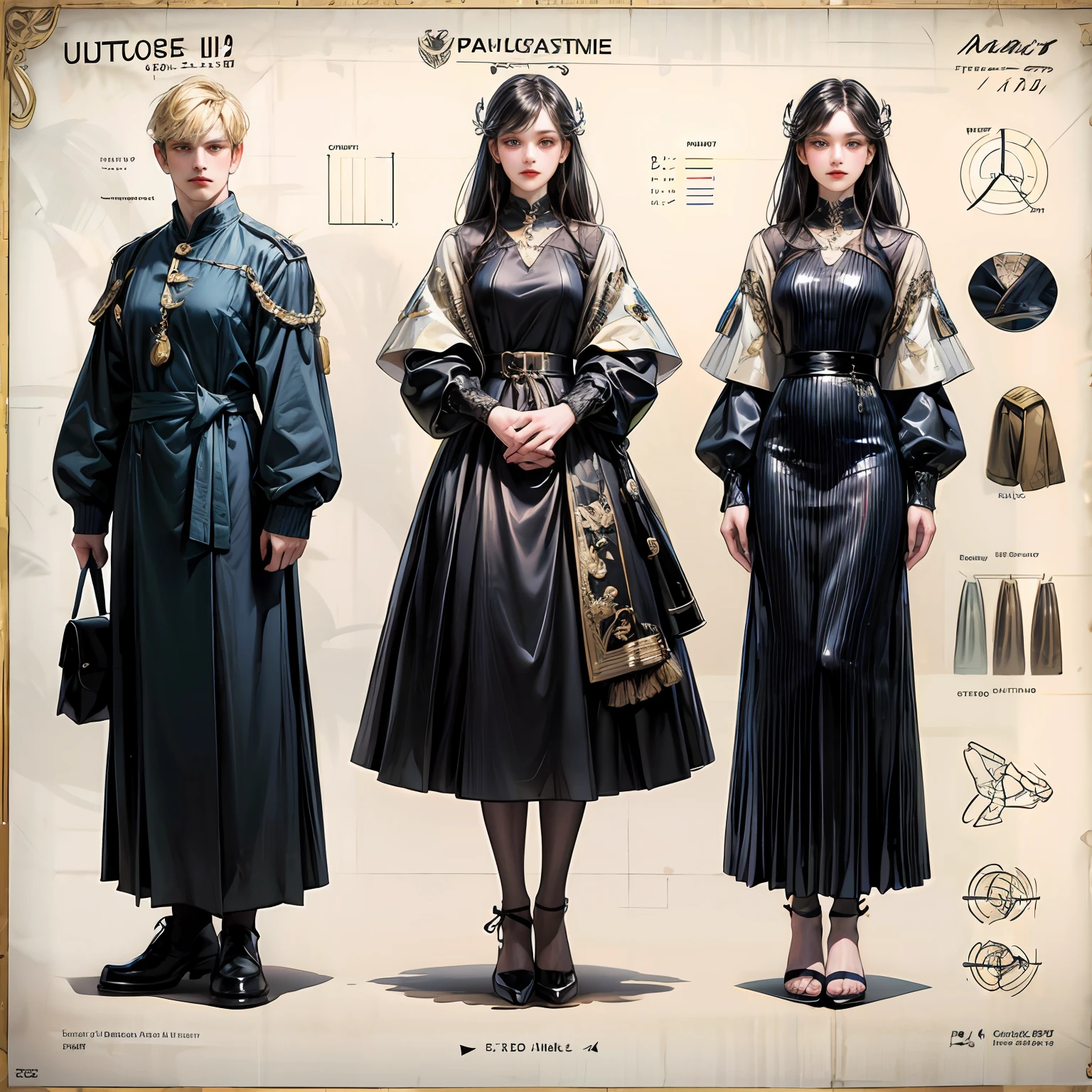 masterpiece, best quality, 1girl,highres, absurdres, full body,(ultra-detailed:1.1025), (illustration:1.1025), (infographic:1.1025), patent drawings, physical measurement, (all clothes configuration:1.1025), stationery, (solo:1.1025),standing, cohesive background, 5 fingers in hands, character sheet, --auto