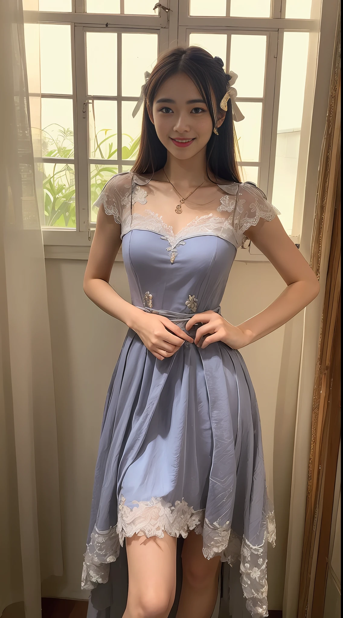 ((Best Quality, 8k, Masterpiece: 1.3)), 1 girl, smile, full body, slim face, a style of chinoiserie, motherly and beautiful Lace elements at the neckline and cuffs of the dress Dark pattern is a traditional moire with details such as pleats, embroidery, beads, silk, crepe, knee-length or length, and a dress decorated with bows or flowers at the waist or neckline