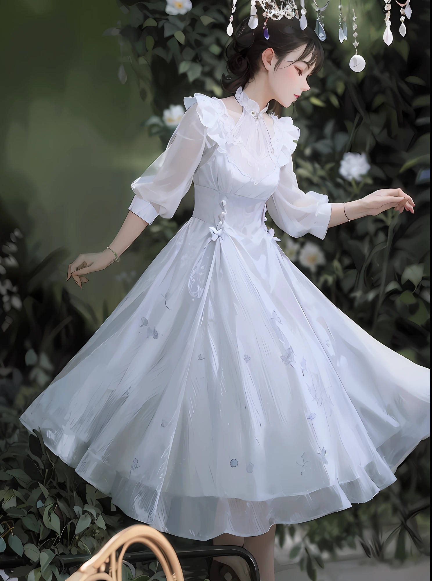 araffe woman in a white dress and tiable dancing in a garden, white hanfu, romantic dress, ethereal fairytale, wearing a white flowing dress, ethereal and dreamy, flowing white dress, very ethereal, victorian inspired clothing, fantasy dress, moth inspired dress, dreamy and ethereal, ethereal and dreamy theme, victorian dress, ethereal fantasy, very magical and dreamy